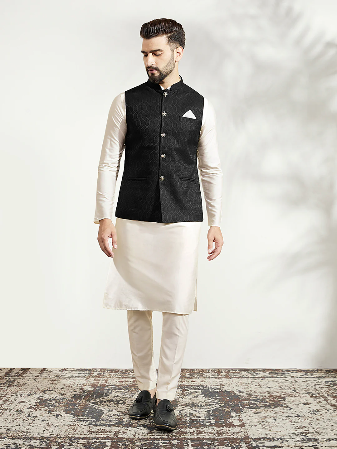 Black Silk Blend Textured Jacket Kurta Churidar Set