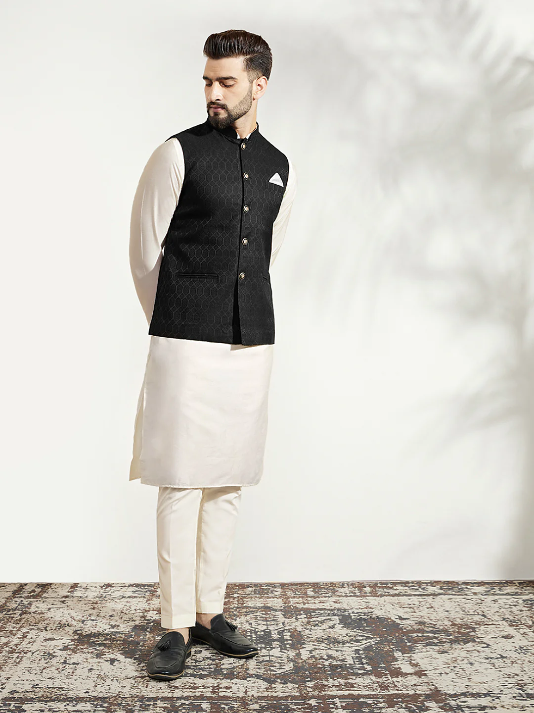 Black Silk Blend Textured Jacket Kurta Churidar Set - Image 2