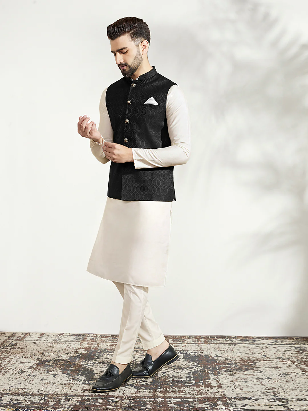 Black Silk Blend Textured Jacket Kurta Churidar Set - Image 3