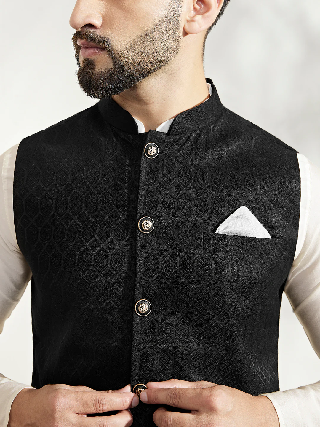 Black Silk Blend Textured Jacket Kurta Churidar Set - Image 6