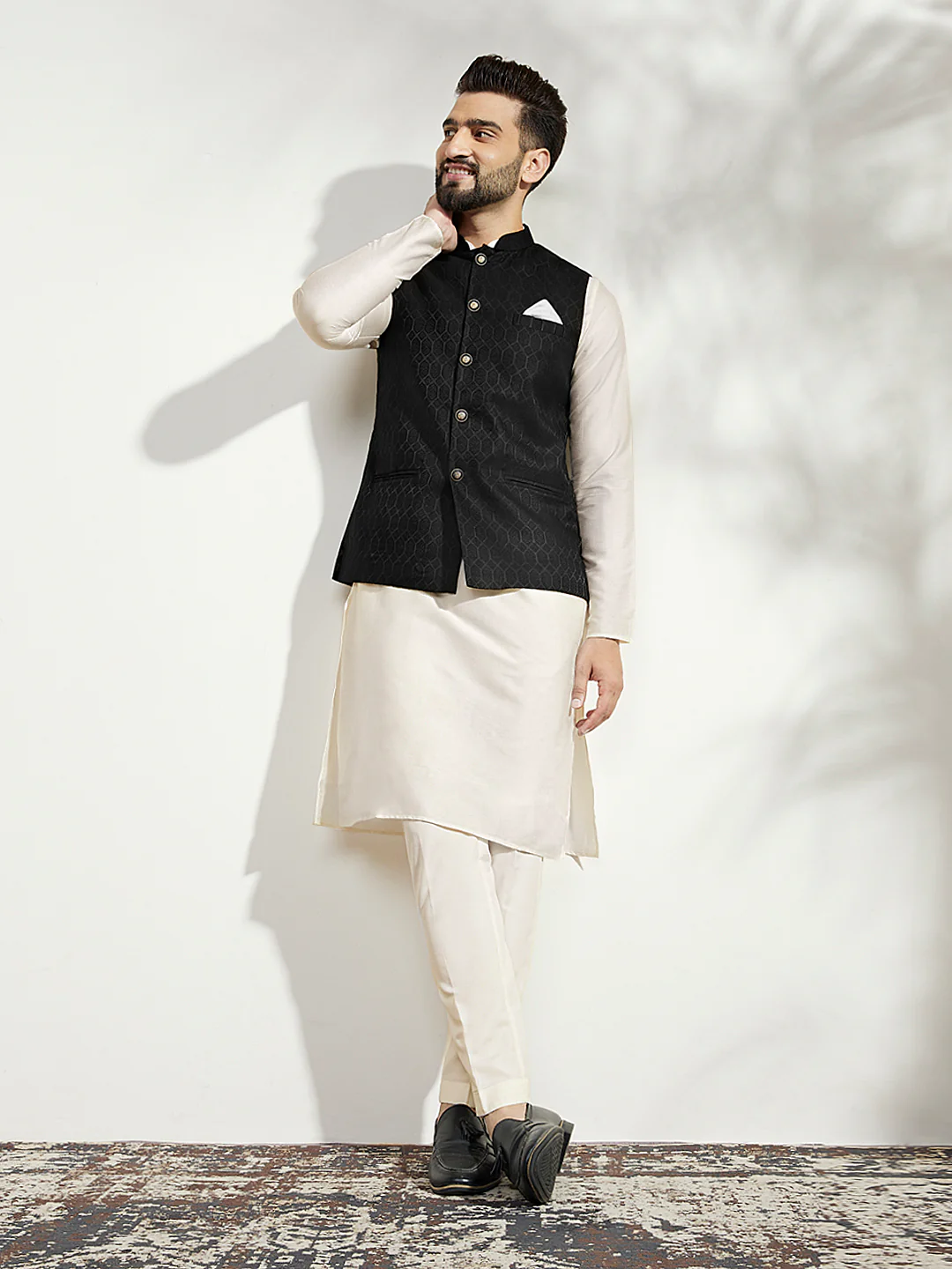 Black Silk Blend Textured Jacket Kurta Churidar Set - Image 8