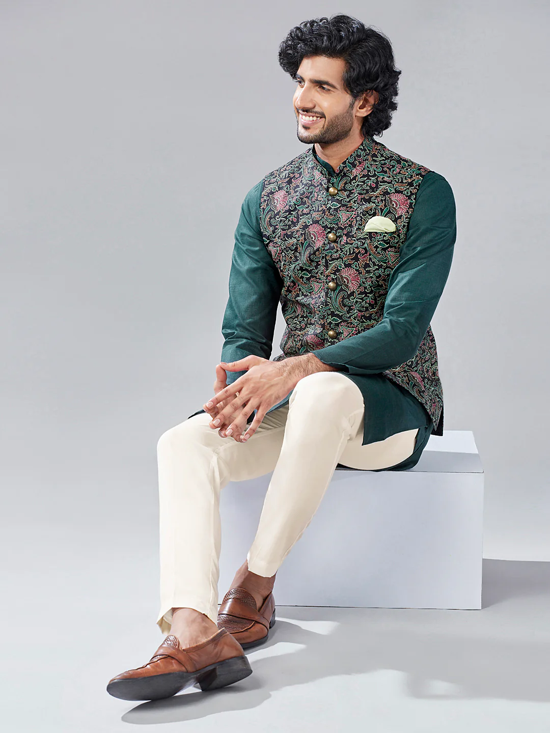 Multicolored Embroidered Jacket Set with Green Kurta & Cream Bottomwear