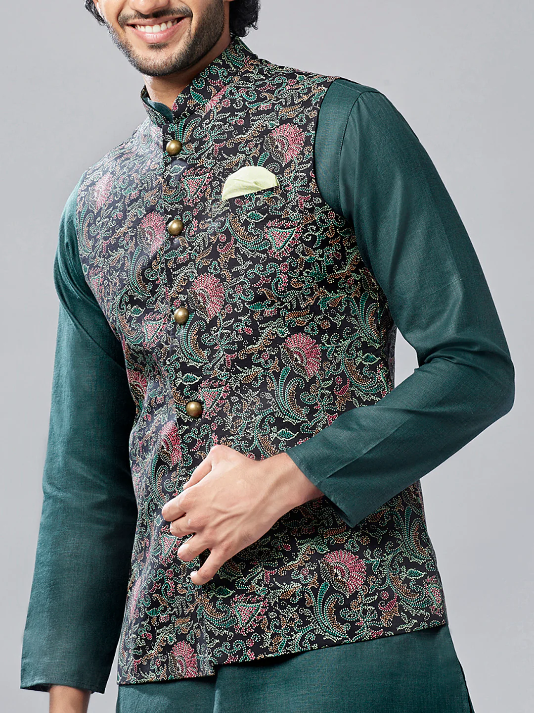 Multicolored Embroidered Jacket Set with Green Kurta & Cream Bottomwear - Image 7