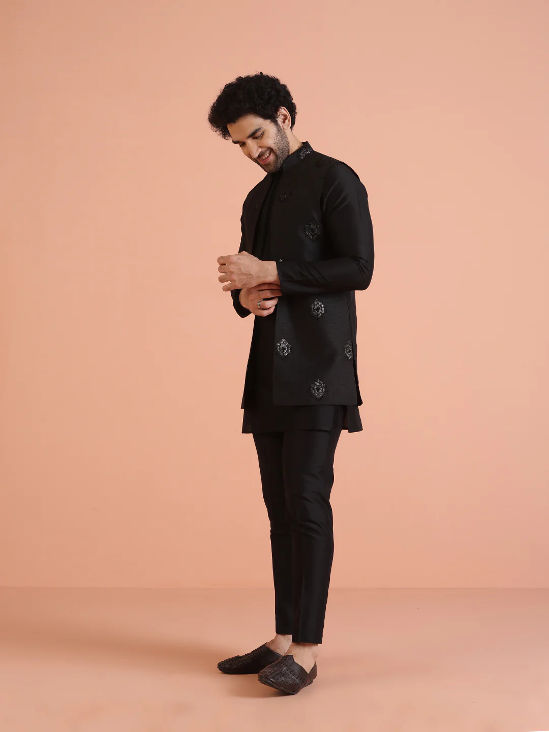 Black Silk Blend Embroidered Nehru Jacket Set - Image 3
