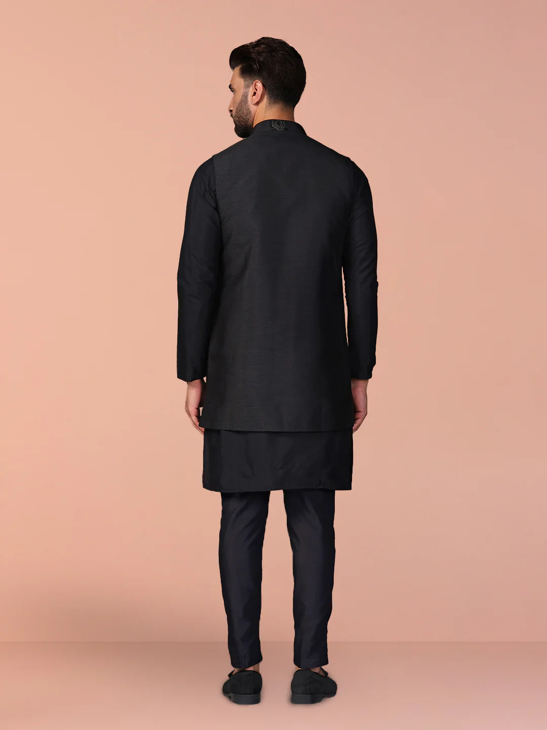 Black Silk Blend Embroidered Nehru Jacket Set - Image 4
