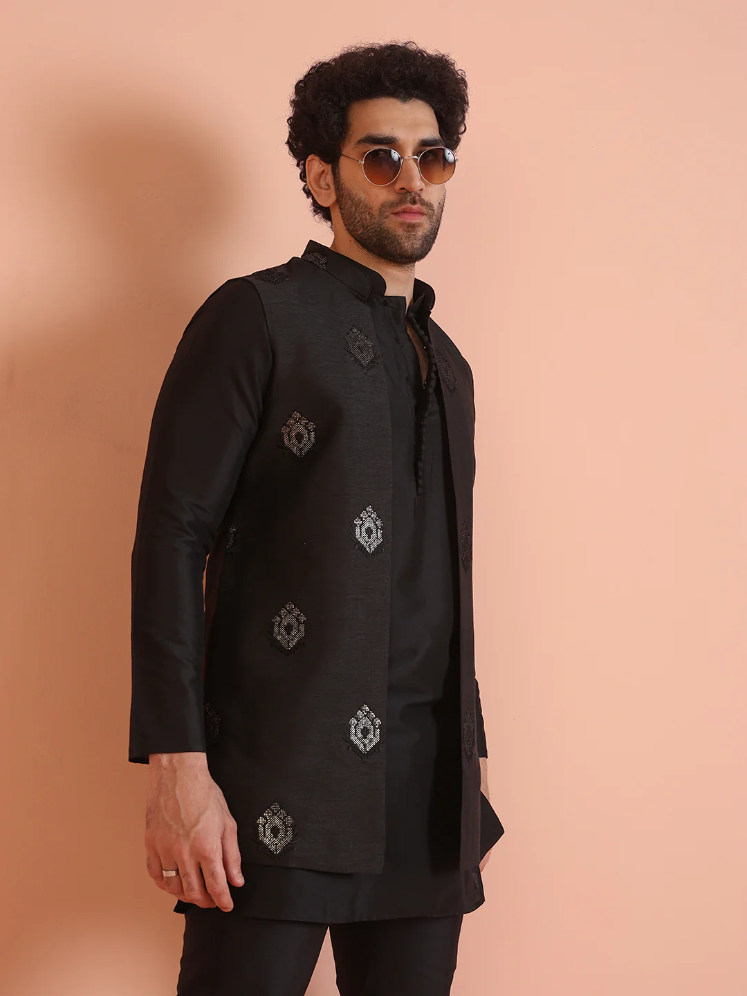 Black Silk Blend Embroidered Nehru Jacket Set - Image 9
