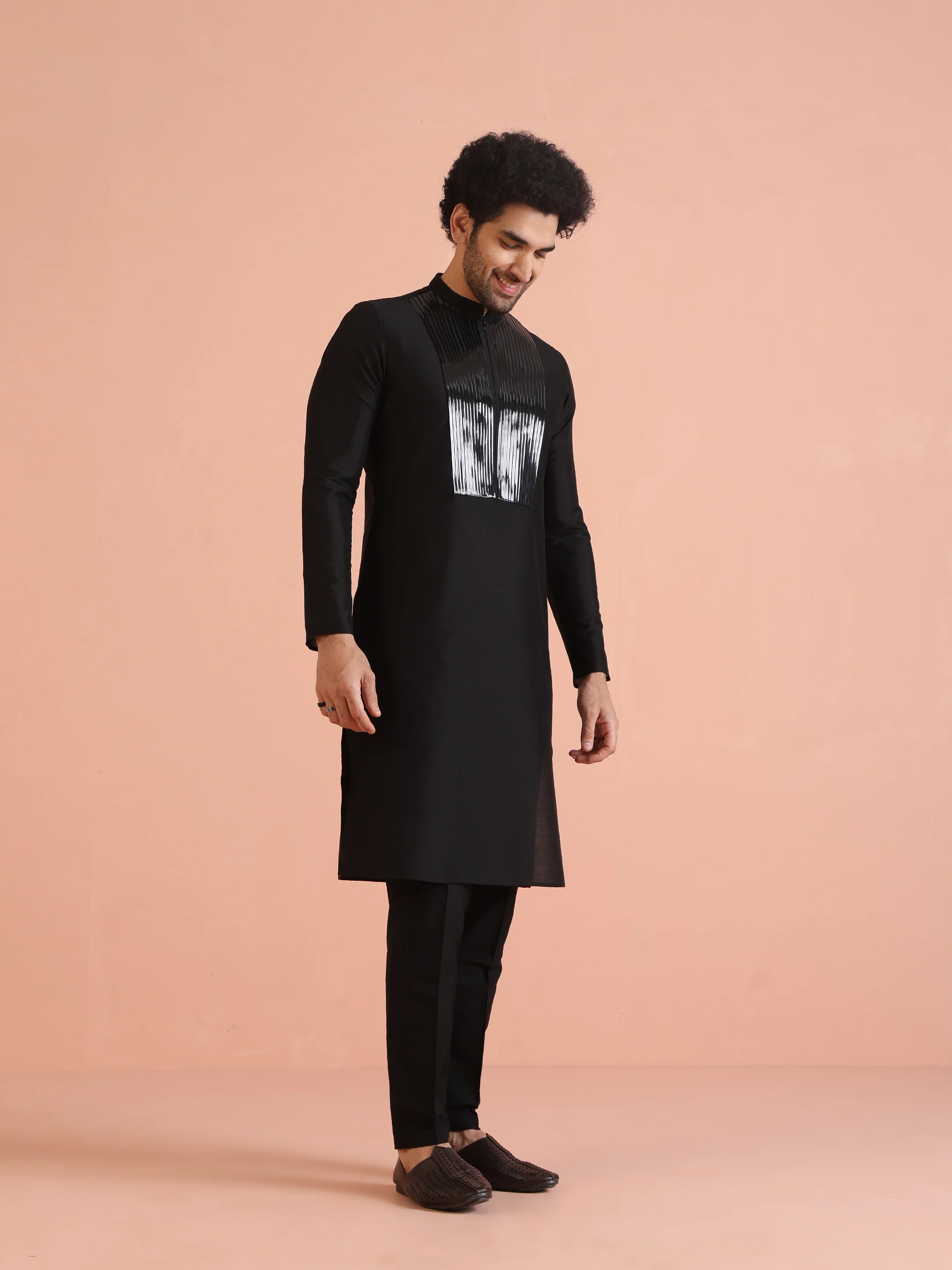 Men Black Tape Work Embellished Kurta - Image 4