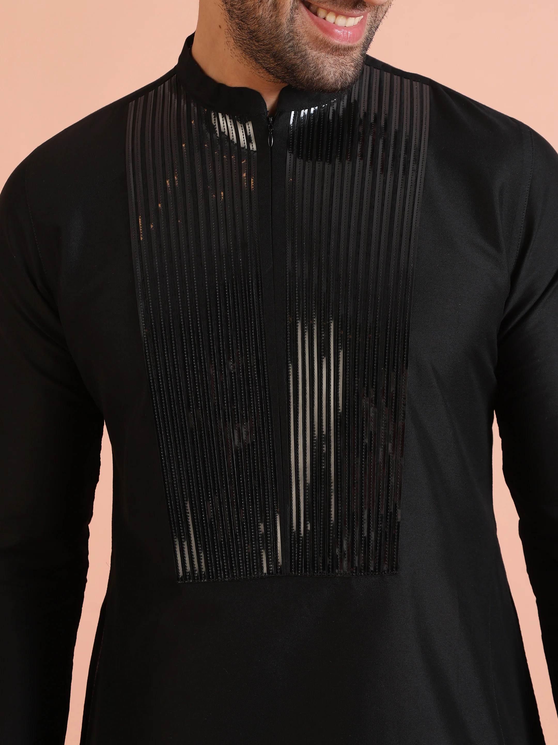 Men Black Tape Work Embellished Kurta - Image 6