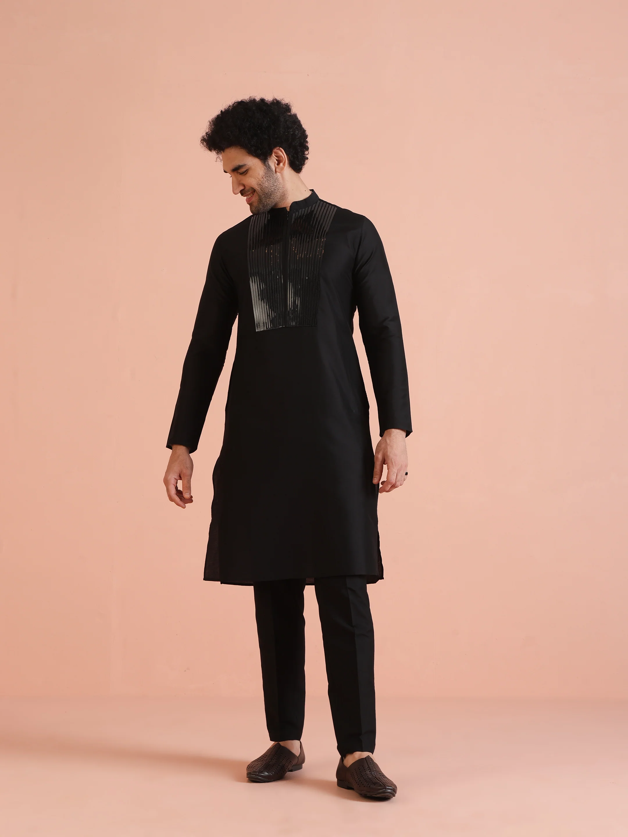 Men Black Tape Work Embellished Kurta - Image 7