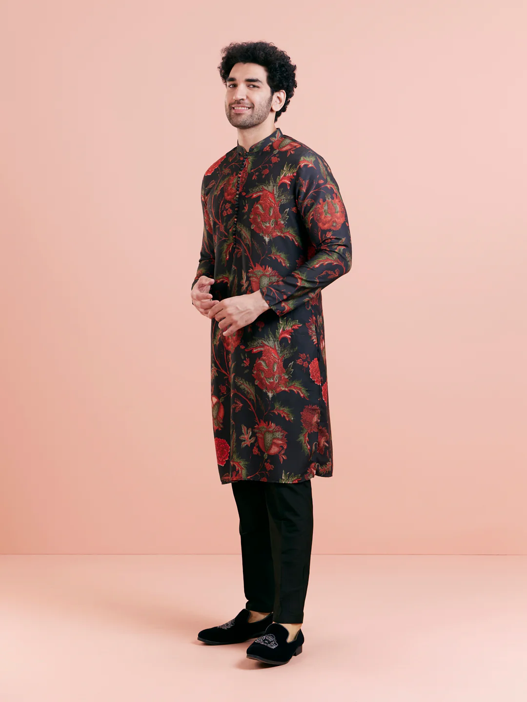 Black Silk Blend Kurta with Red and Green Floral Prints - Image 4