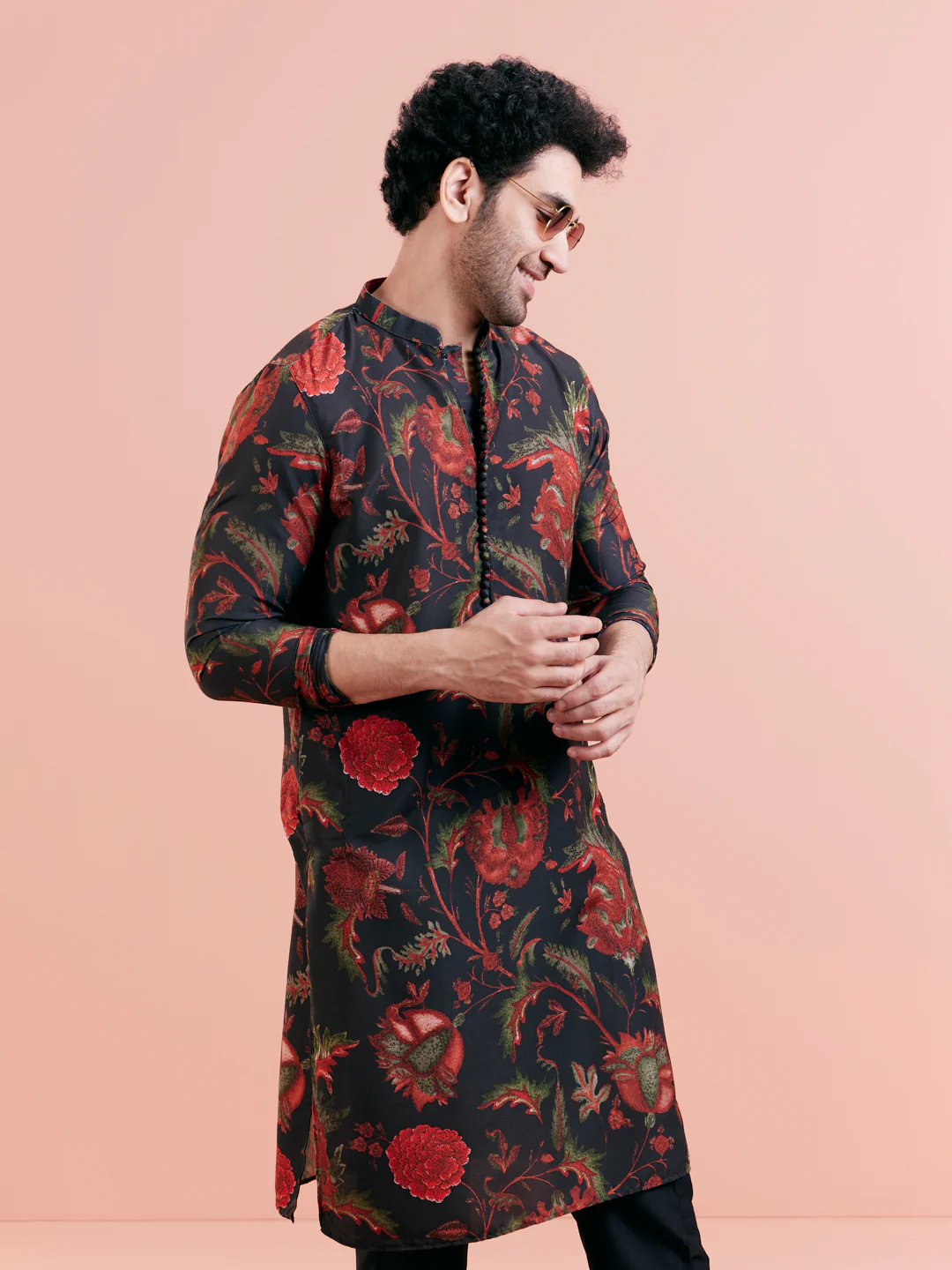 Black Silk Blend Kurta with Red and Green Floral Prints - Image 6