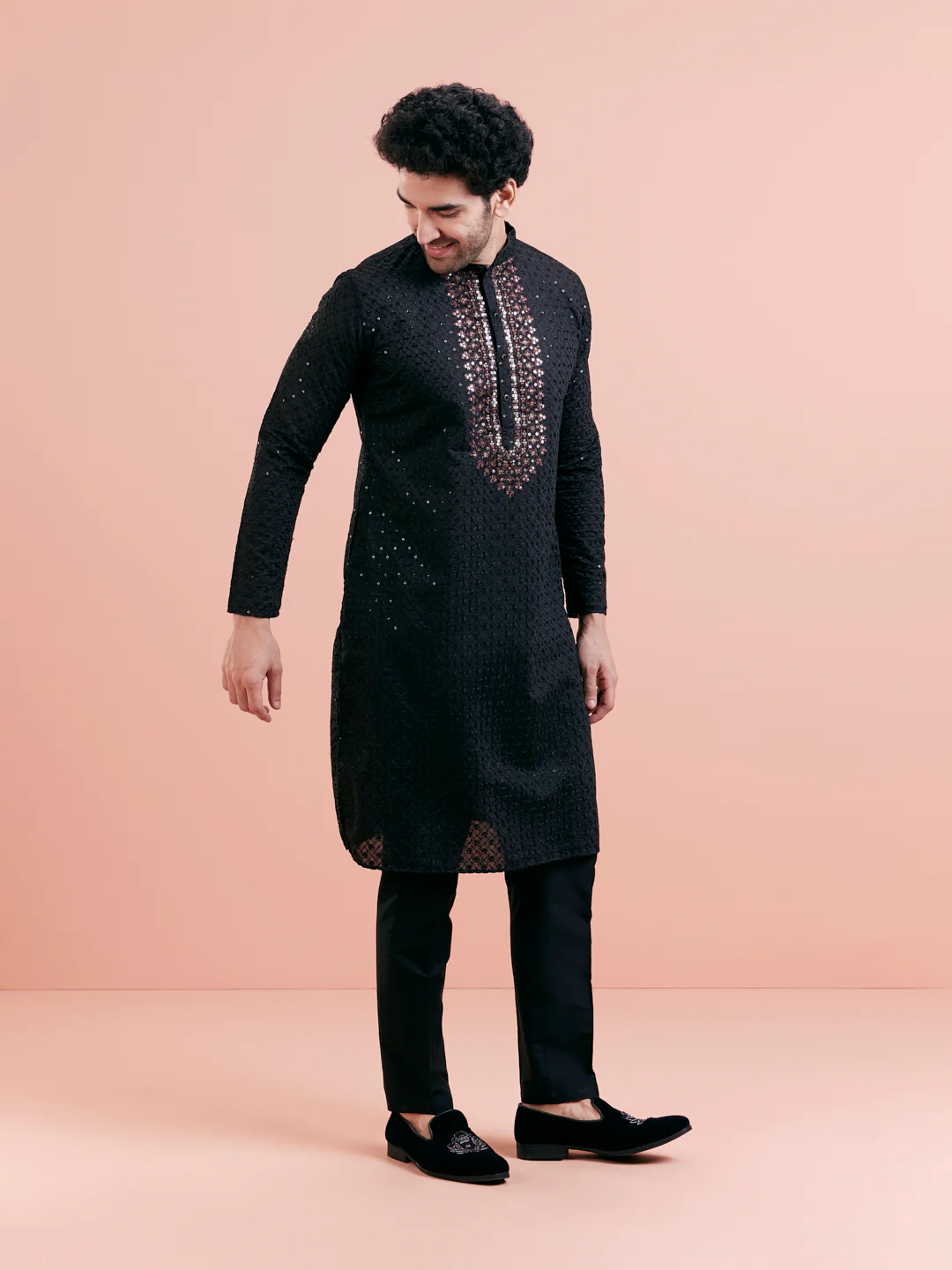Black Silk Blend Mirror Work Kurta - Image 3