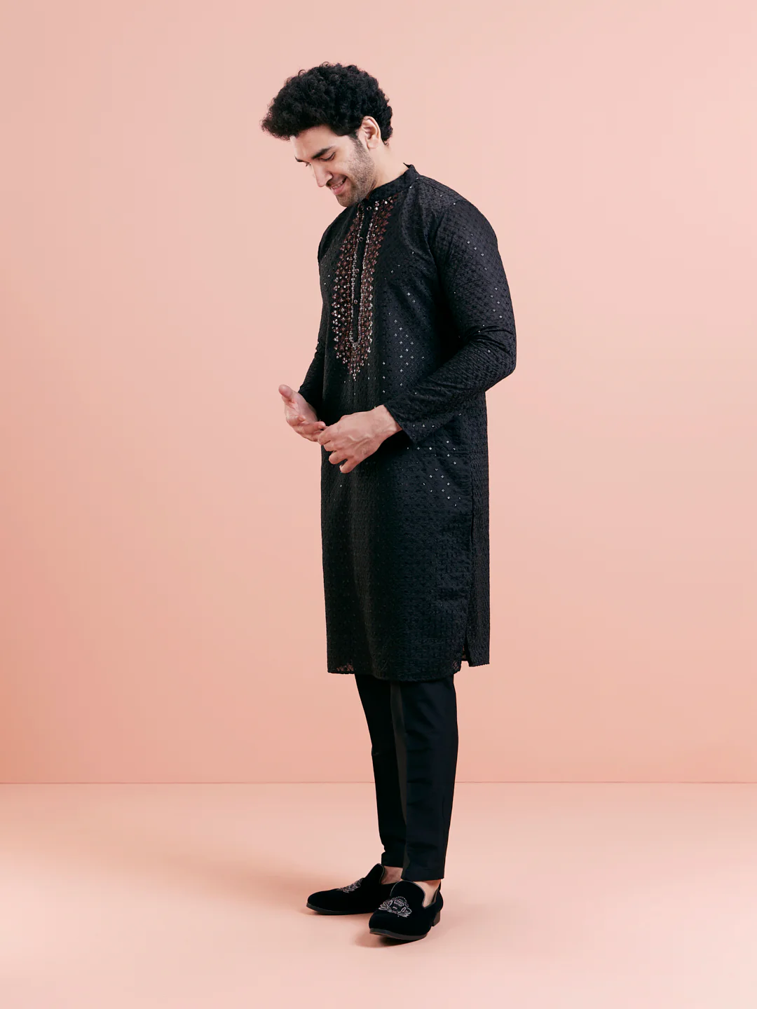 Black Silk Blend Mirror Work Kurta - Image 4