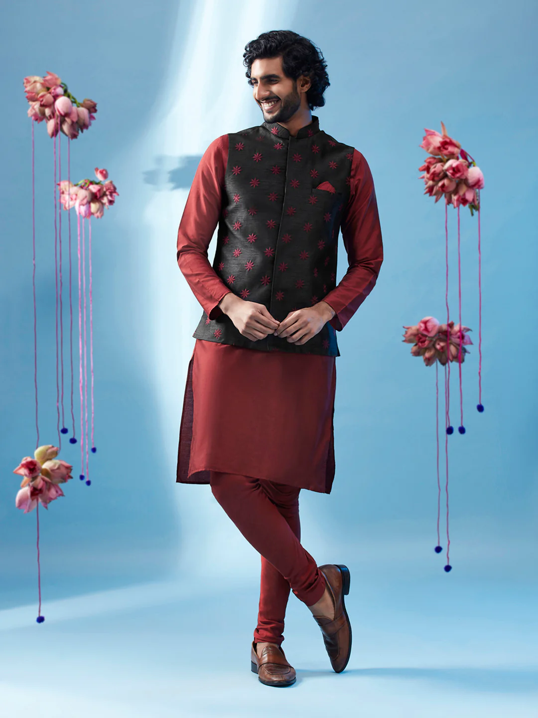 Black Nehru Jacket with Maroon Star Embroidery - Image 6
