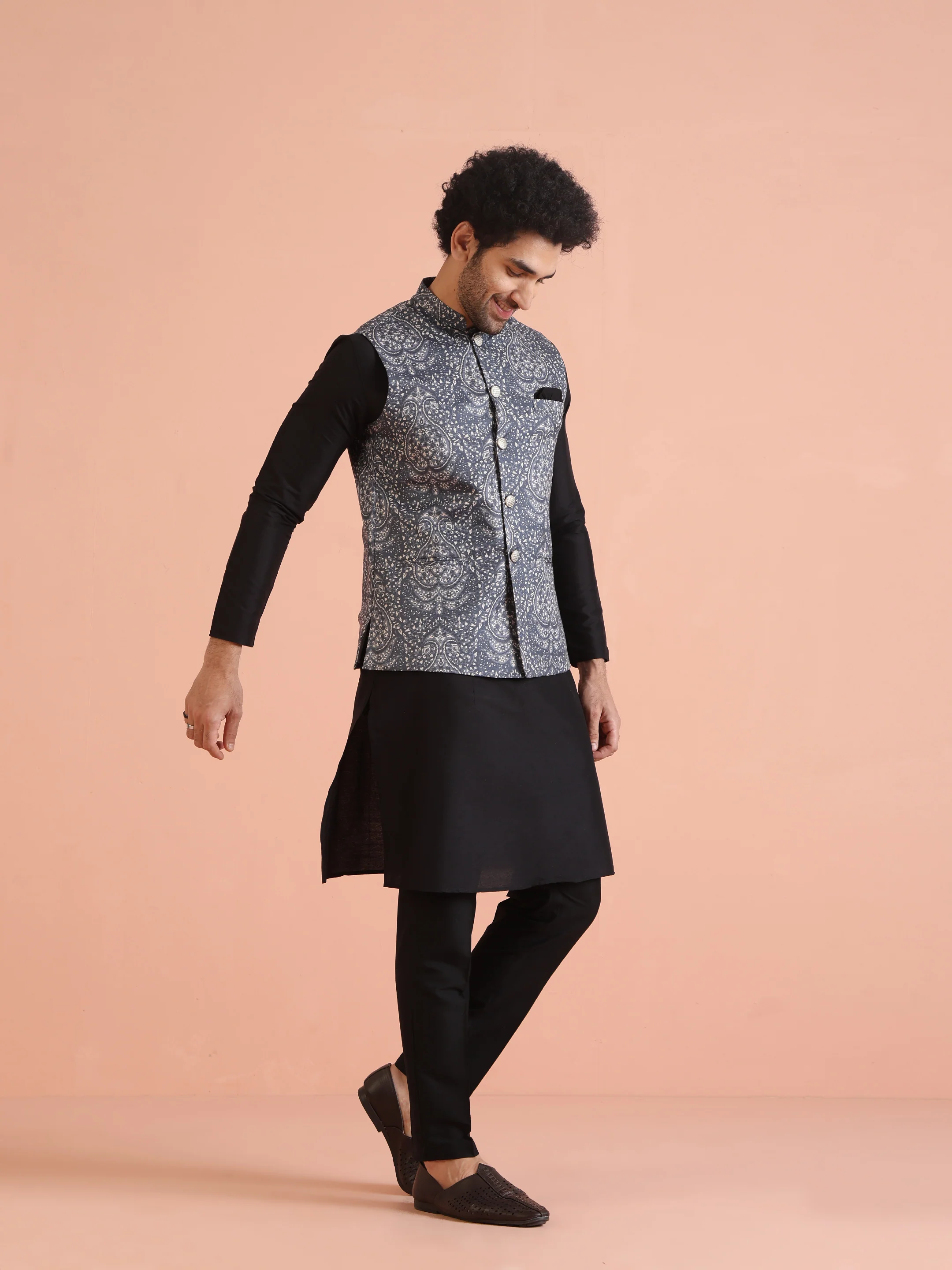 Blue Silk Blend Paisley Nehru Jacket - Image 3