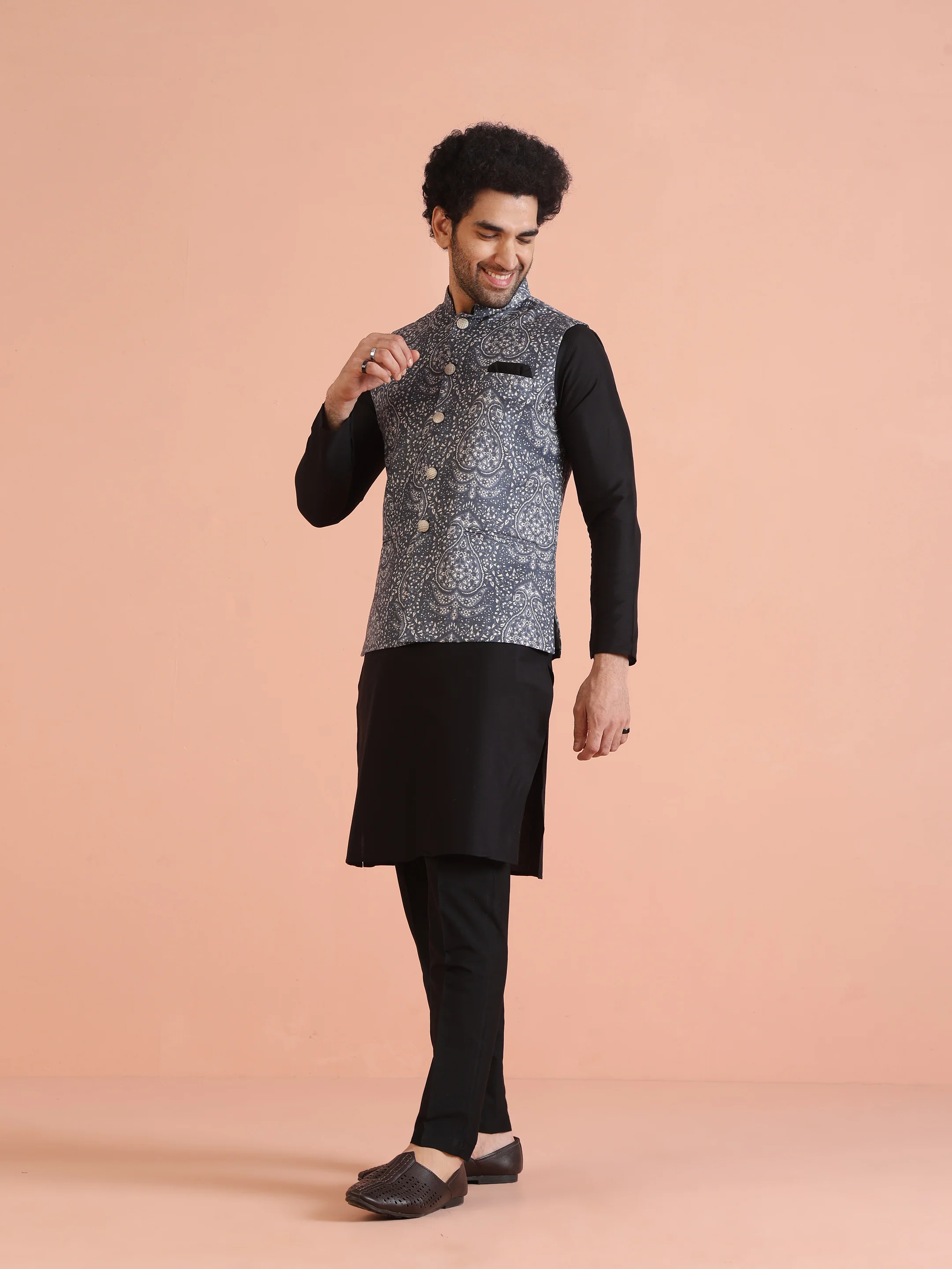 Blue Silk Blend Paisley Nehru Jacket - Image 4