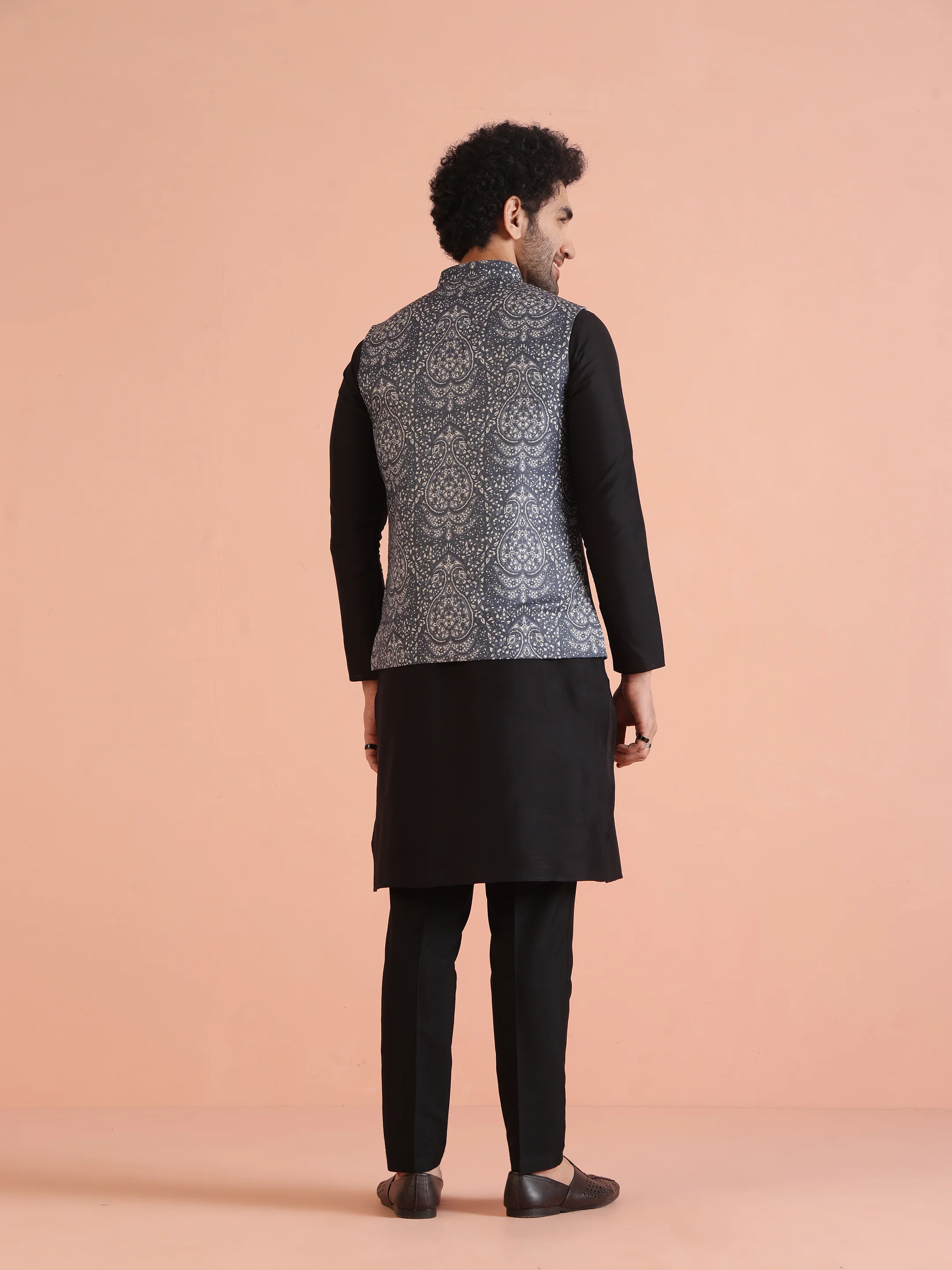 Blue Silk Blend Paisley Nehru Jacket - Image 5