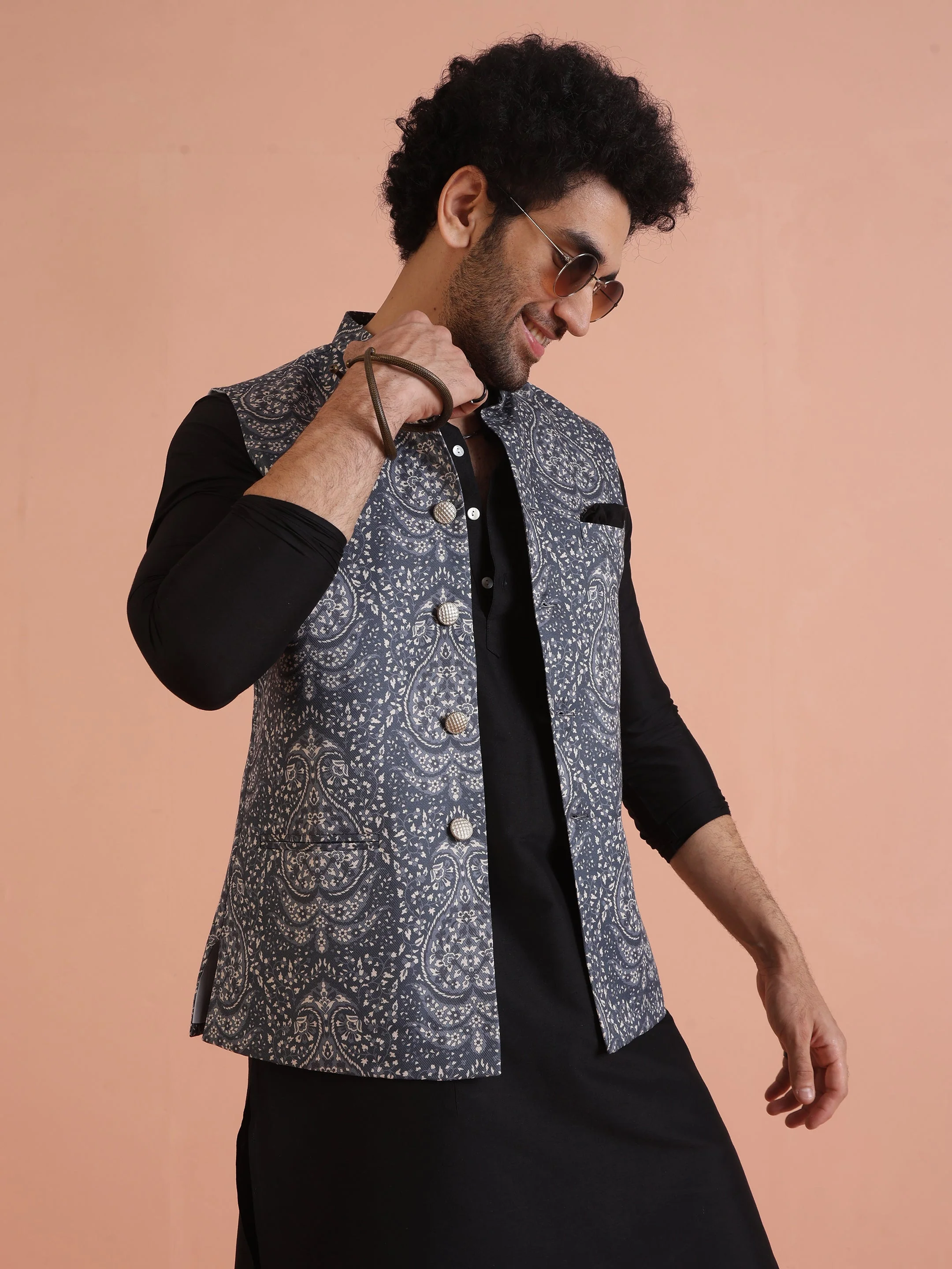 Blue Silk Blend Paisley Nehru Jacket - Image 8