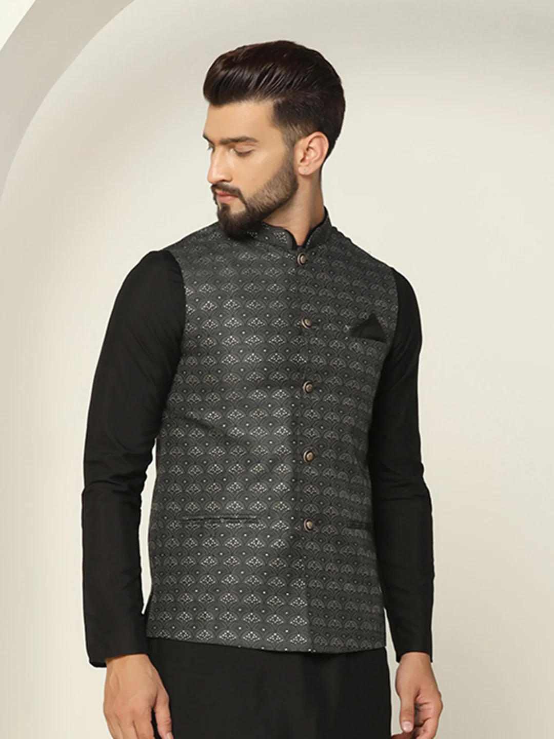 Black Silk Blend Sequin Embroidered Nehru Jacket - Image 2