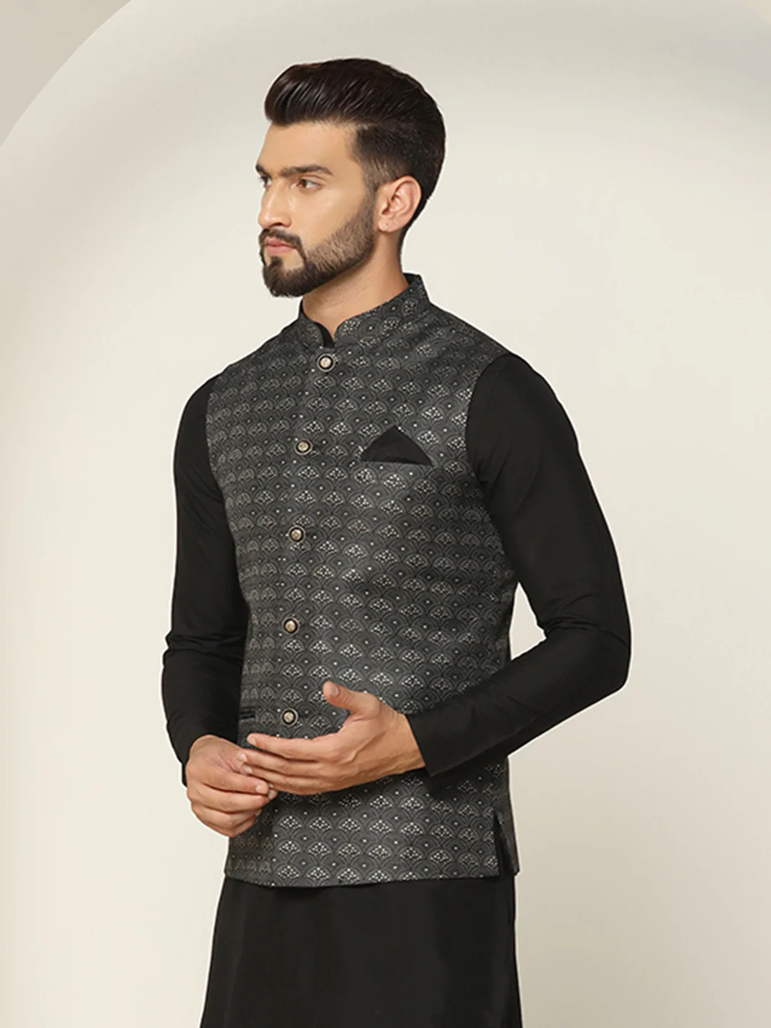 Black Silk Blend Sequin Embroidered Nehru Jacket - Image 3