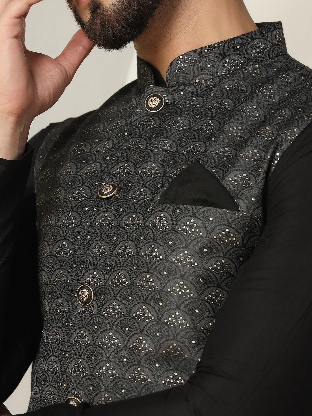 Black Silk Blend Sequin Embroidered Nehru Jacket - Image 5