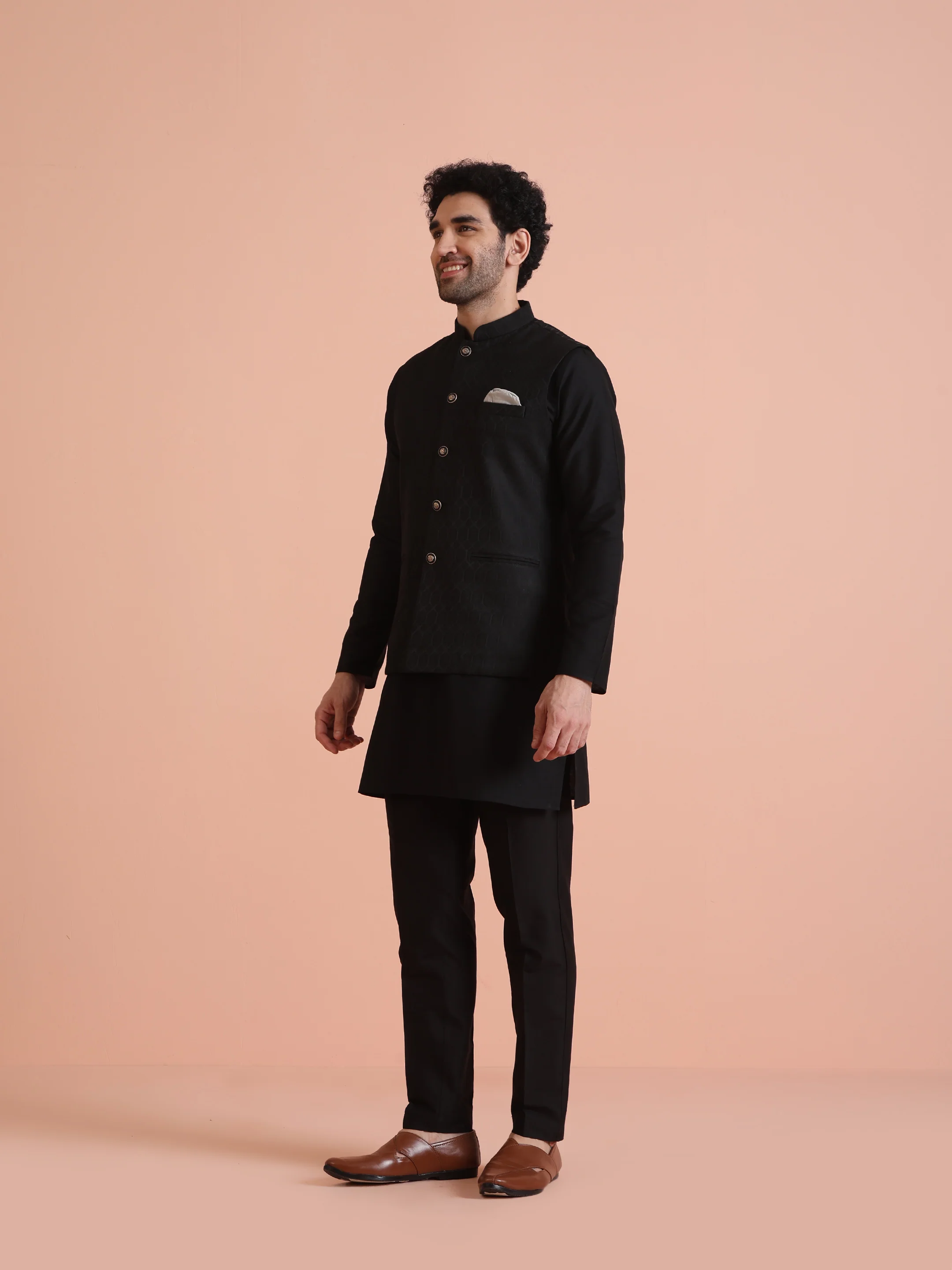 Black Silk Blend Textured Nehru Jacket - Image 3