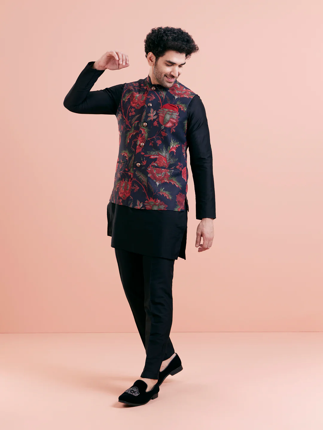 Navy Blue Silk Blend Floral Nehru Jacket - Image 4