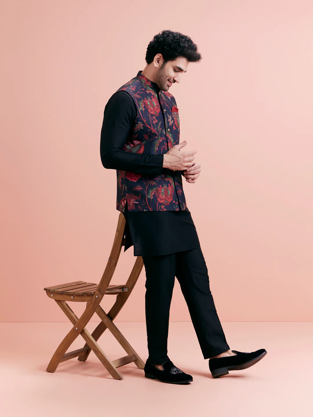 Navy Blue Silk Blend Floral Nehru Jacket - Image 7