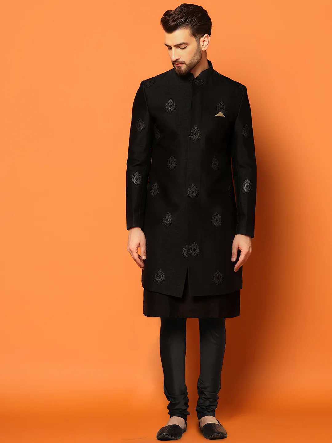Black Textured Sherwani Kurta Churidar Set