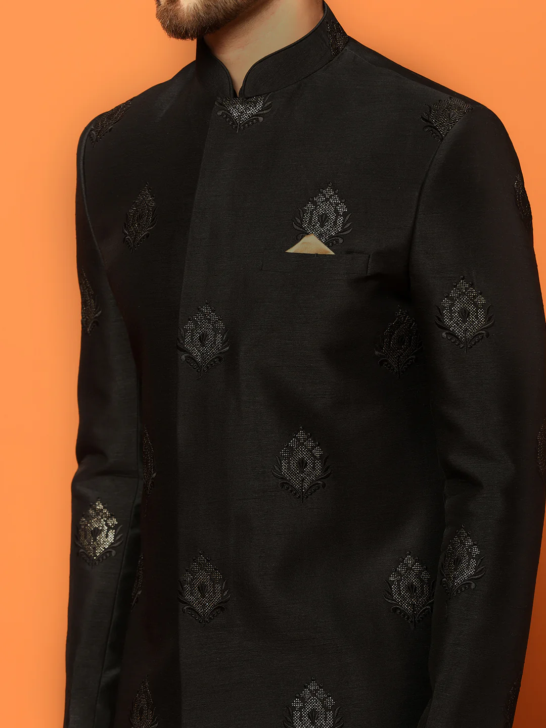 Black Textured Sherwani Kurta Churidar Set - Image 6