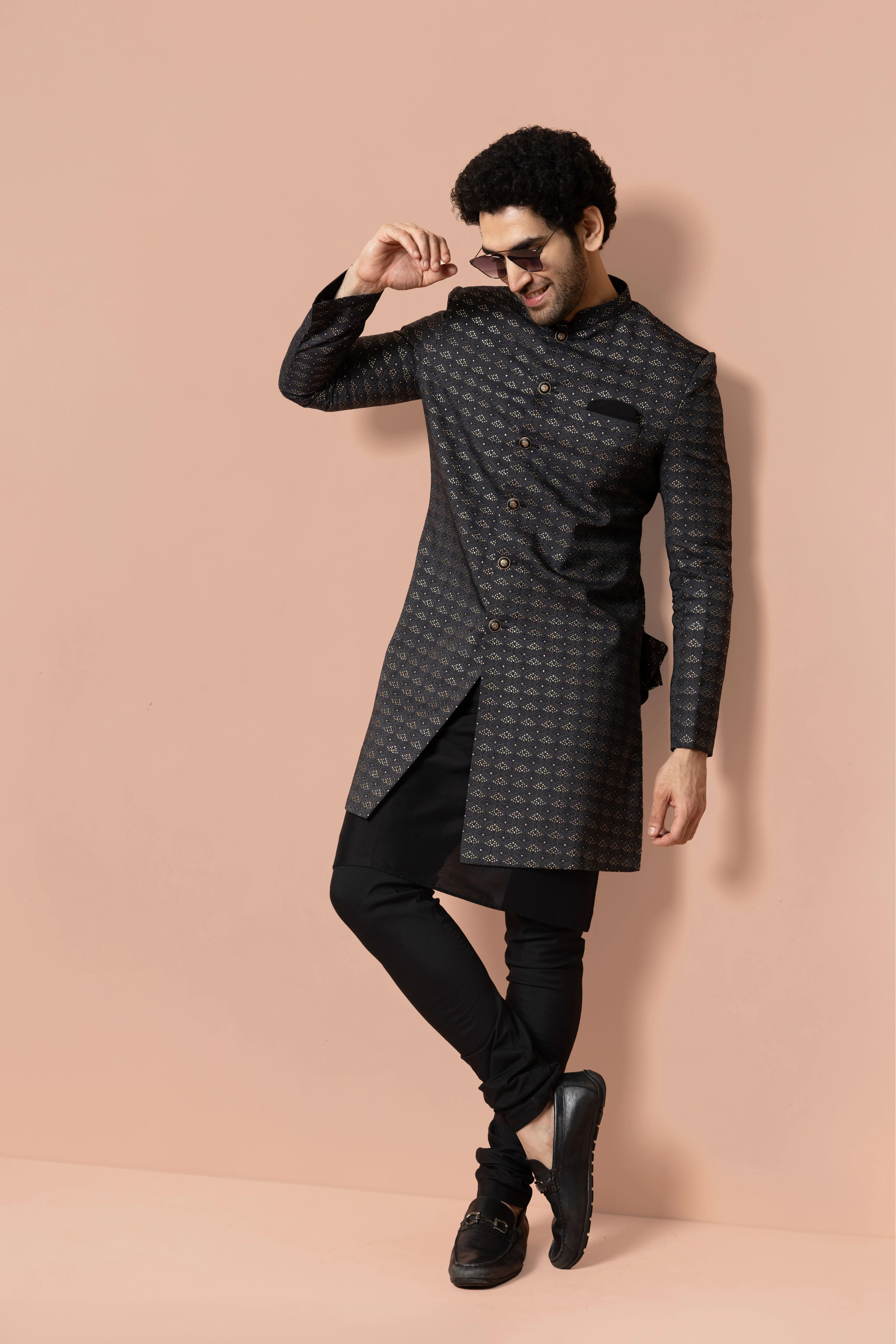 Black Jacquard Sherwani Set