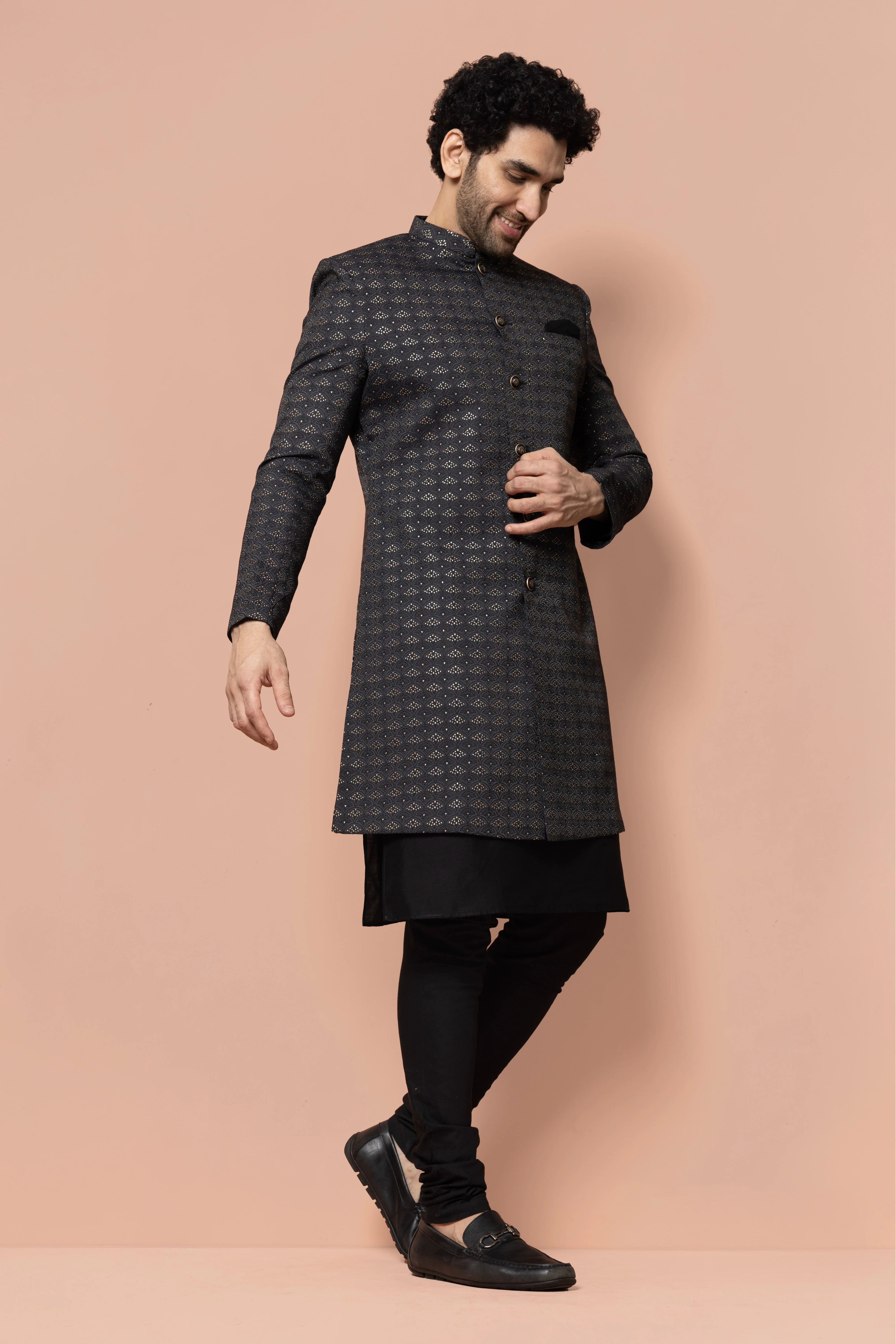 Black Jacquard Sherwani Set - Image 2