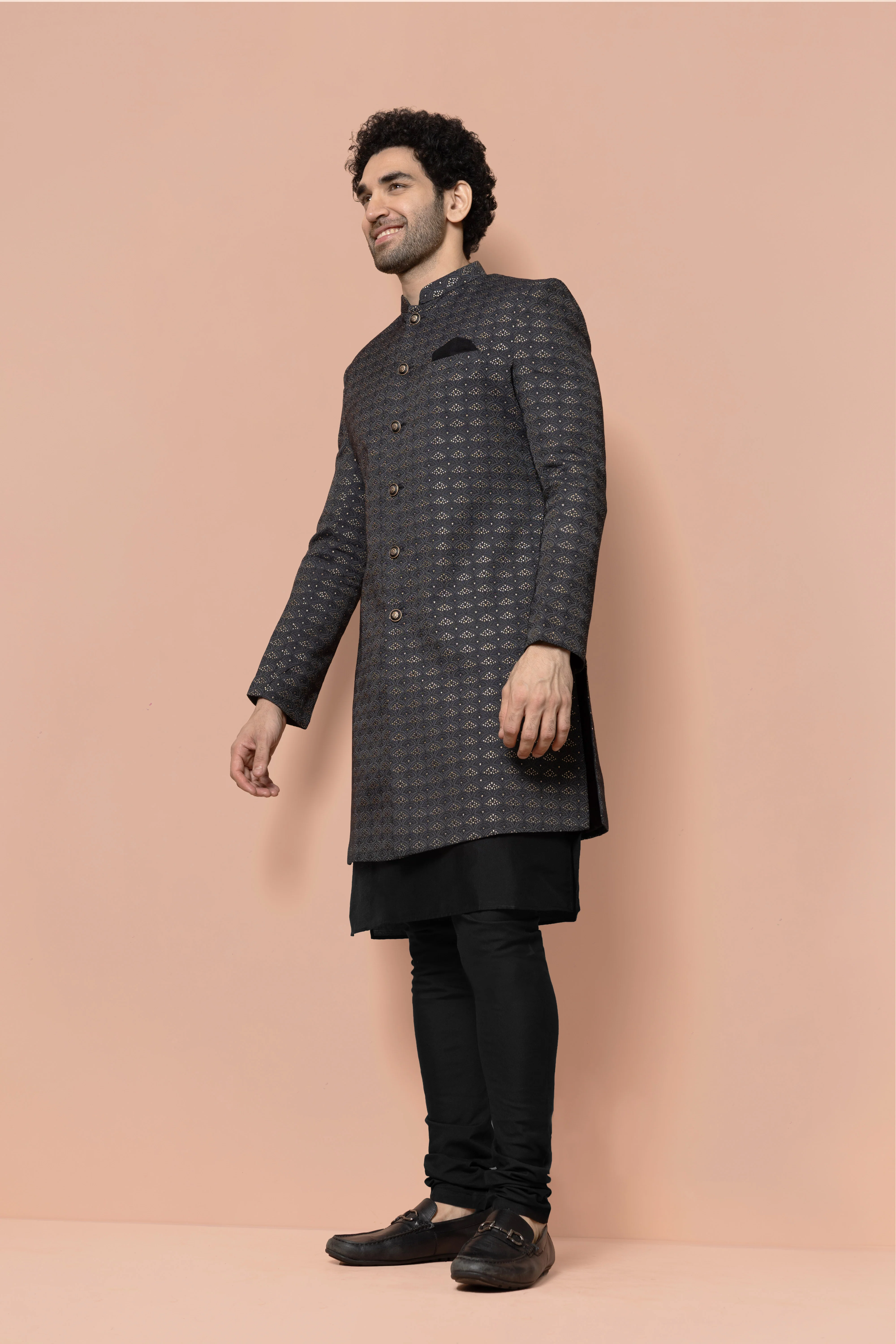 Black Jacquard Sherwani Set - Image 3