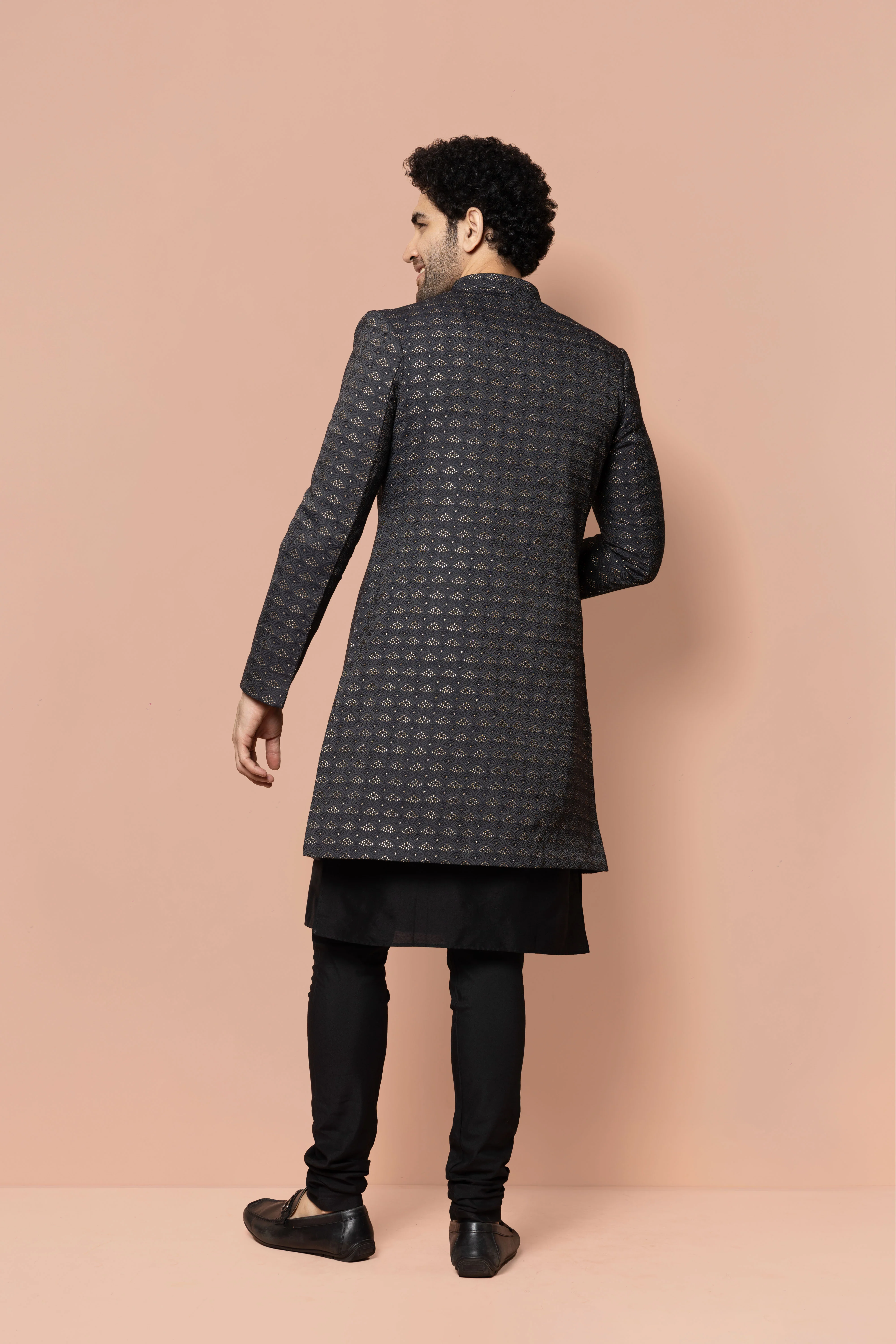 Black Jacquard Sherwani Set - Image 4