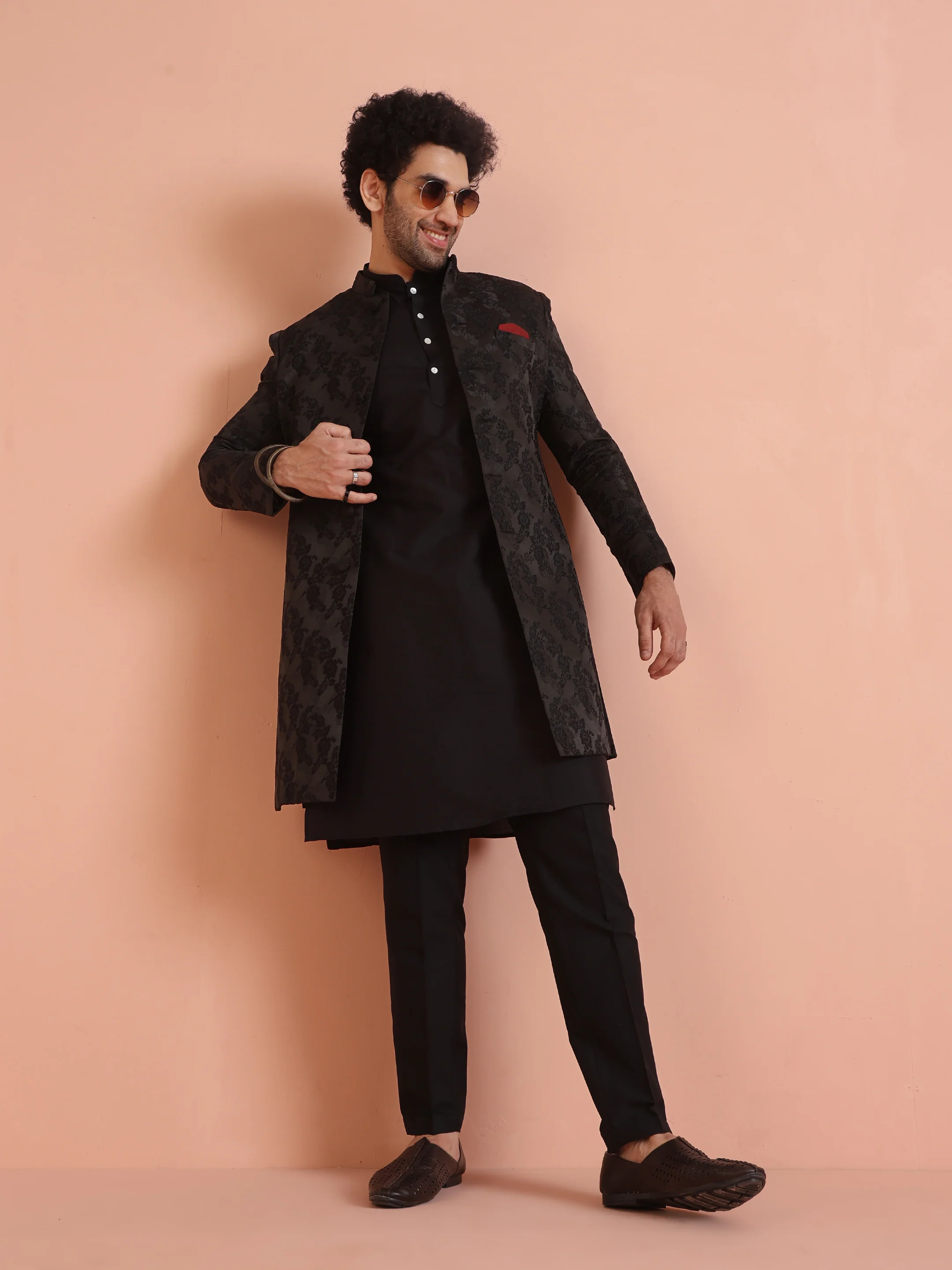 Men Black Embossed Kurta Indowestern Trouser Set