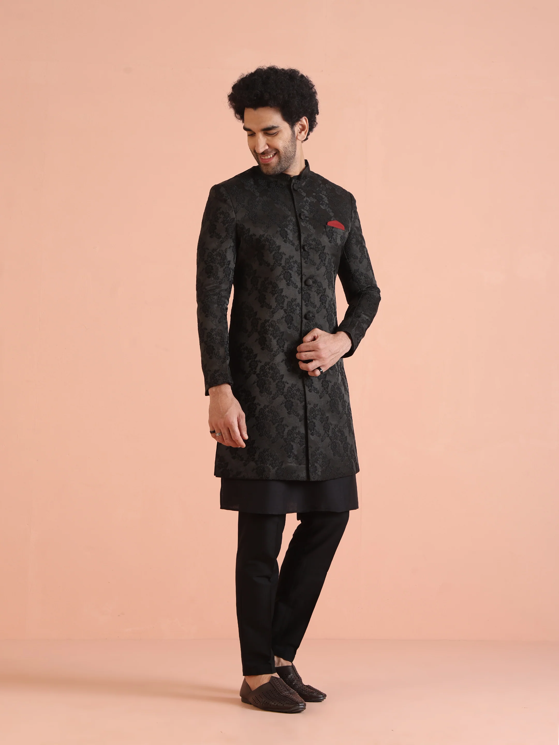 Men Black Embossed Kurta Indowestern Trouser Set - Image 2