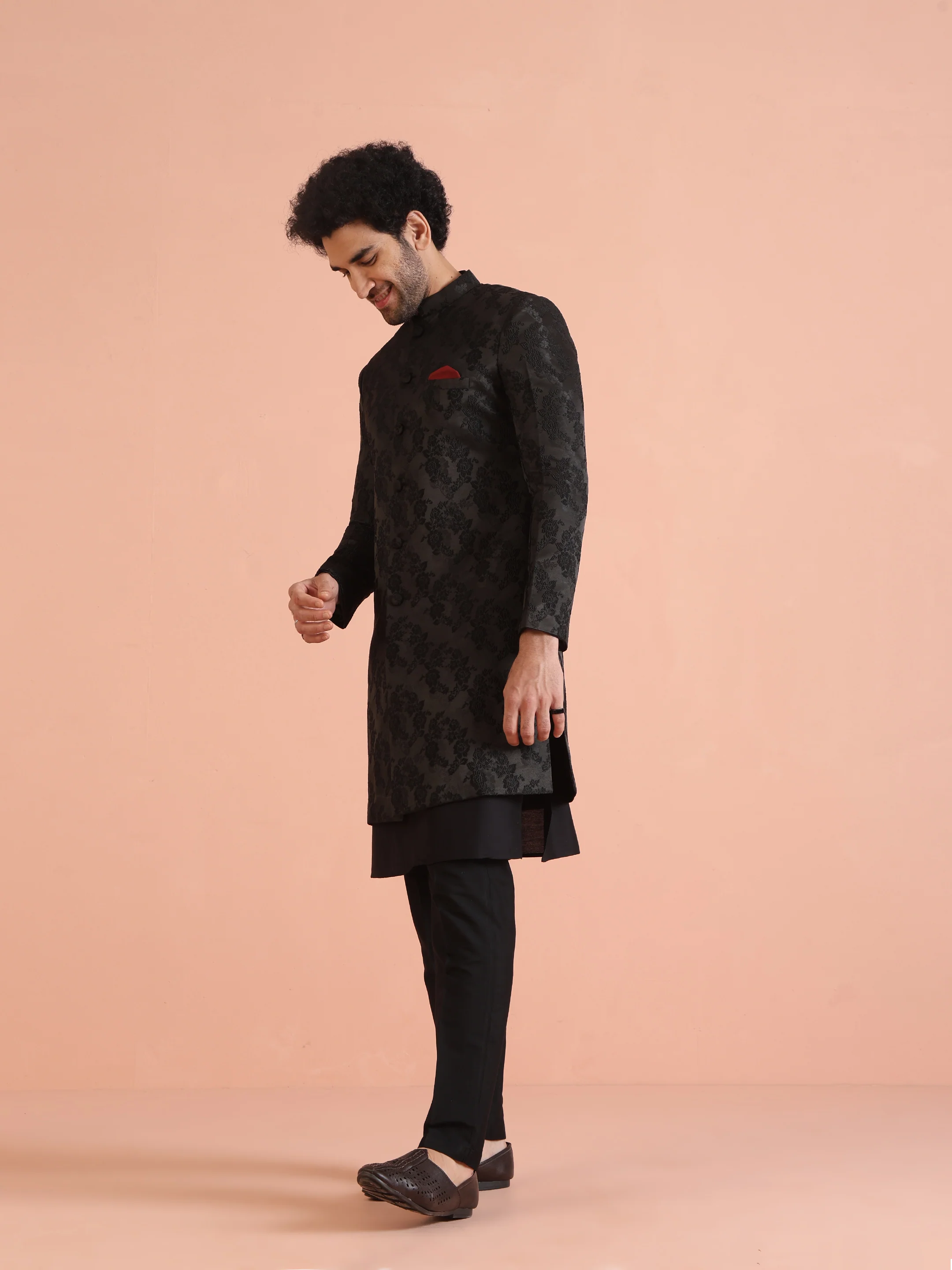 Men Black Embossed Kurta Indowestern Trouser Set - Image 3