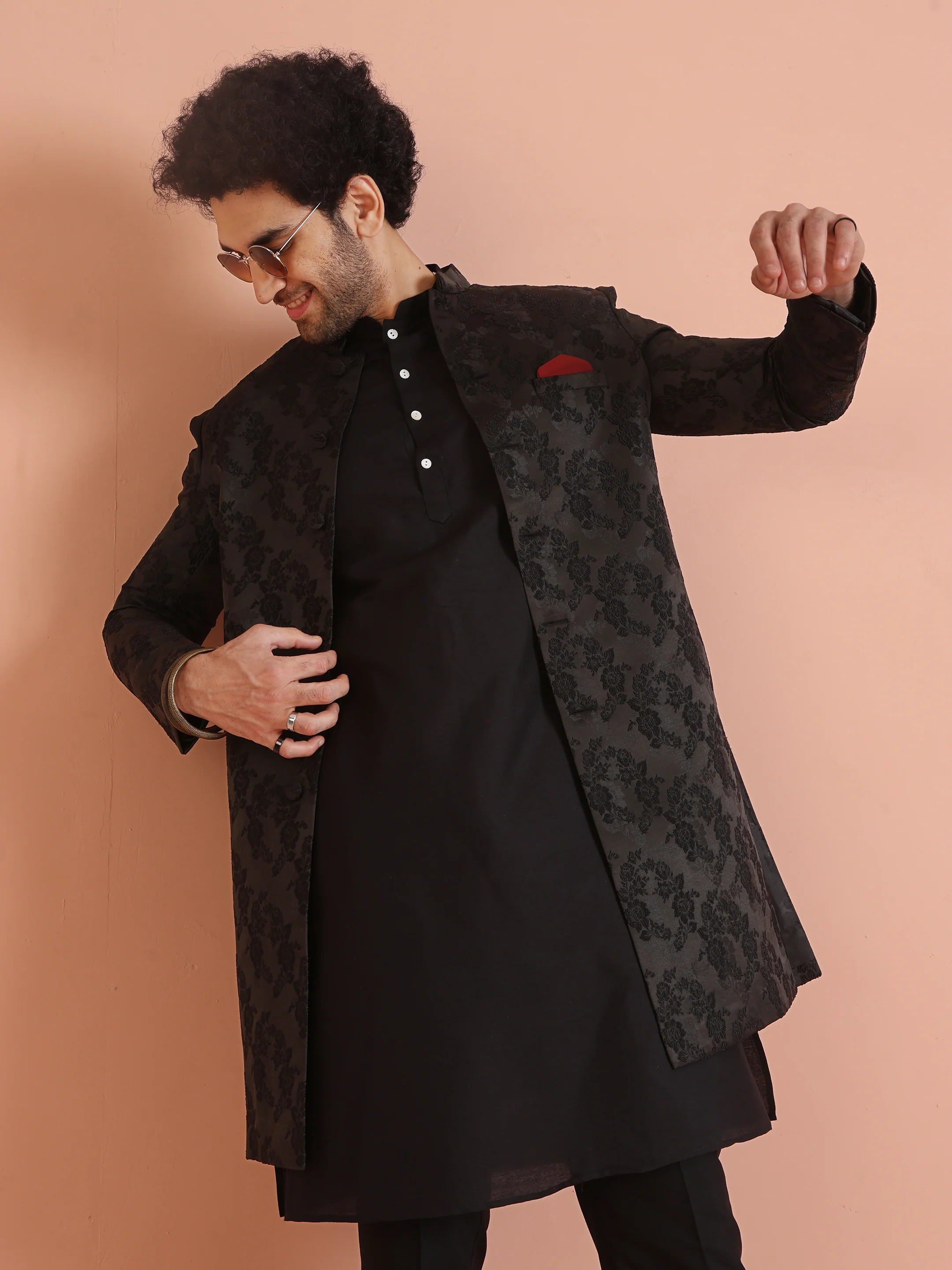 Men Black Embossed Kurta Indowestern Trouser Set - Image 7