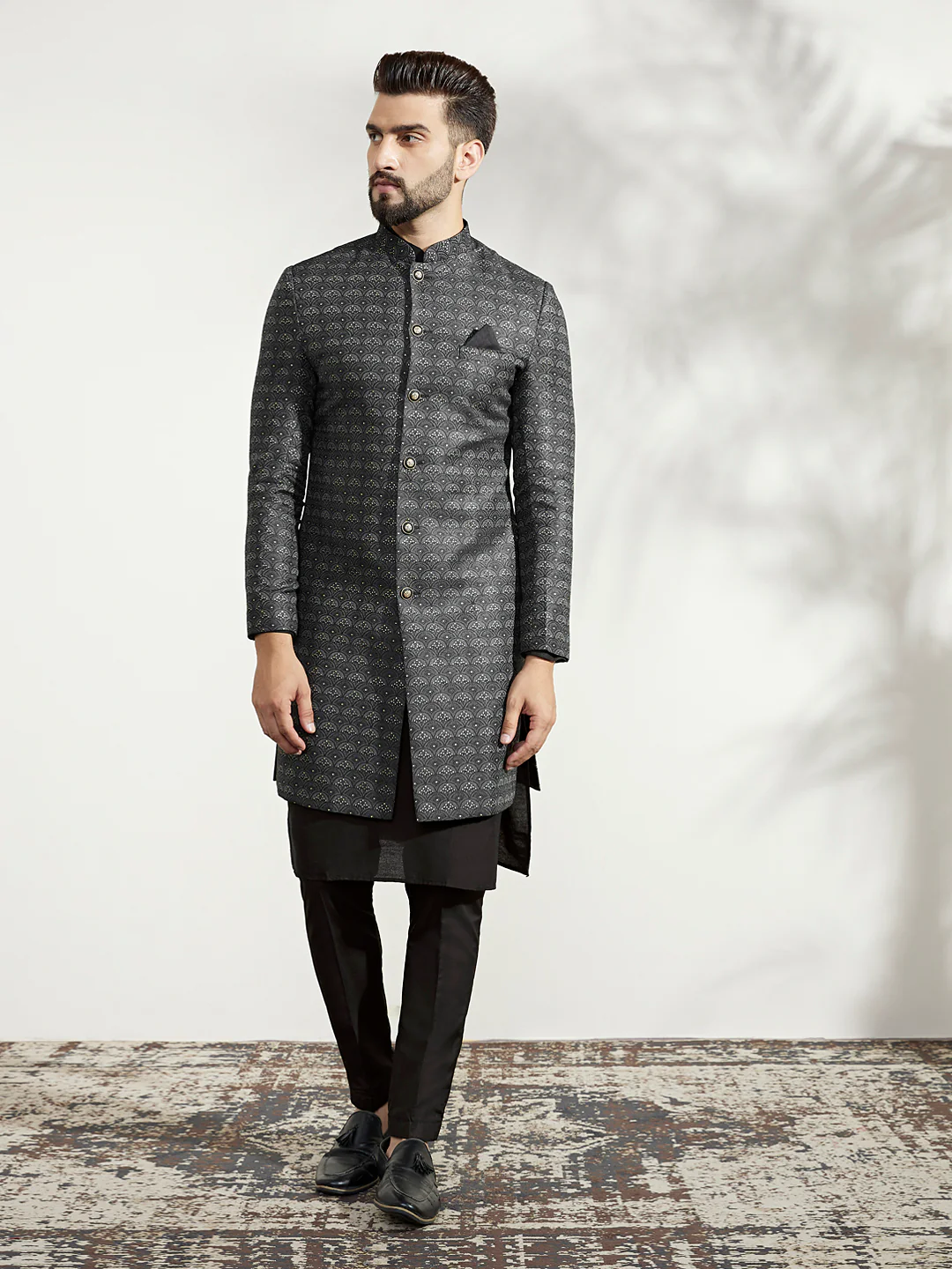 Black Cotton Silk Printed Indowestern Kurta Trouser Set