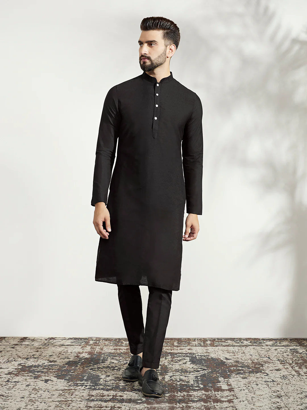 Black Cotton Silk Printed Indowestern Kurta Trouser Set - Image 5