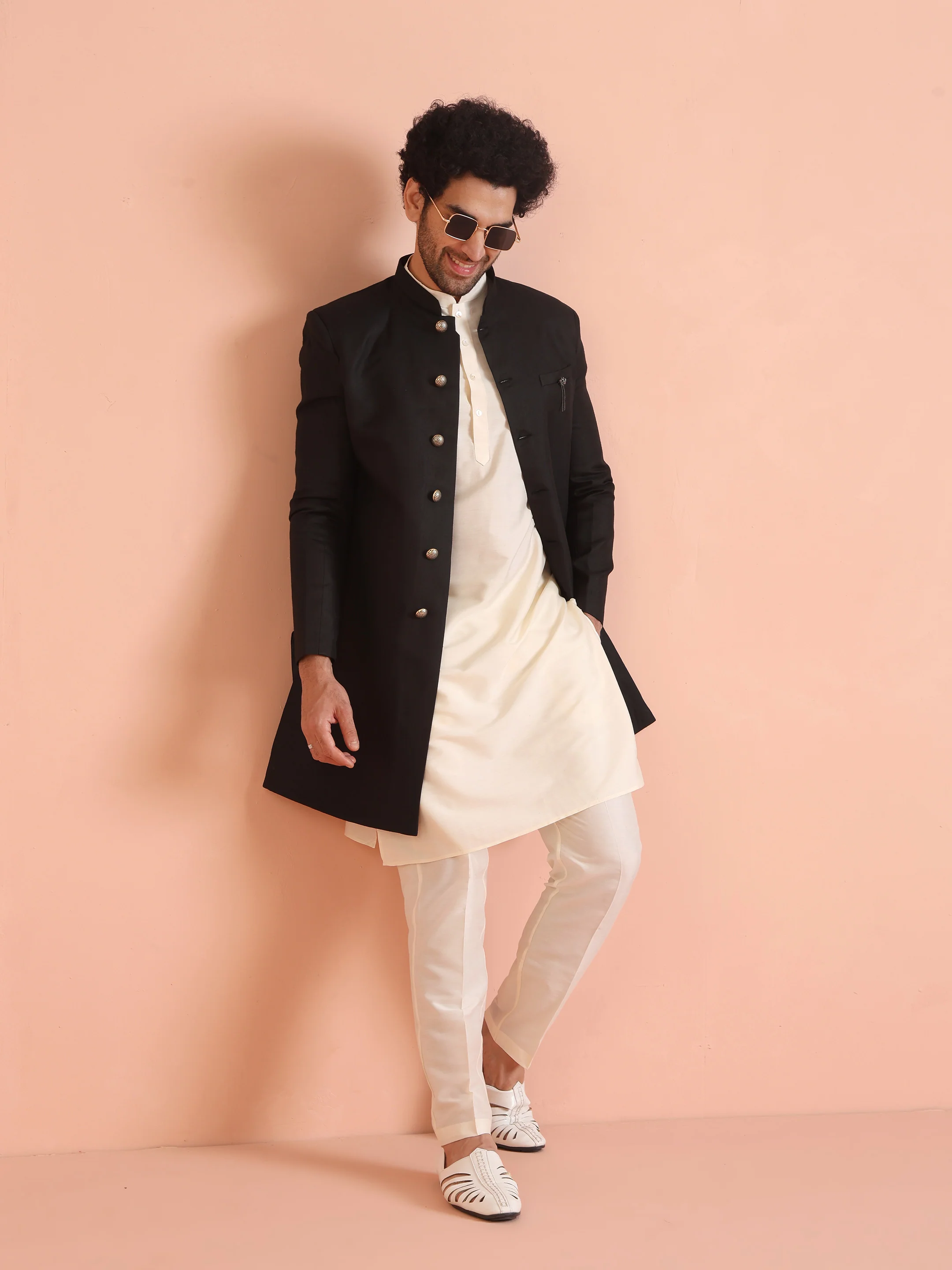 Men Black Solid Kurta Indowestern Trouser Set