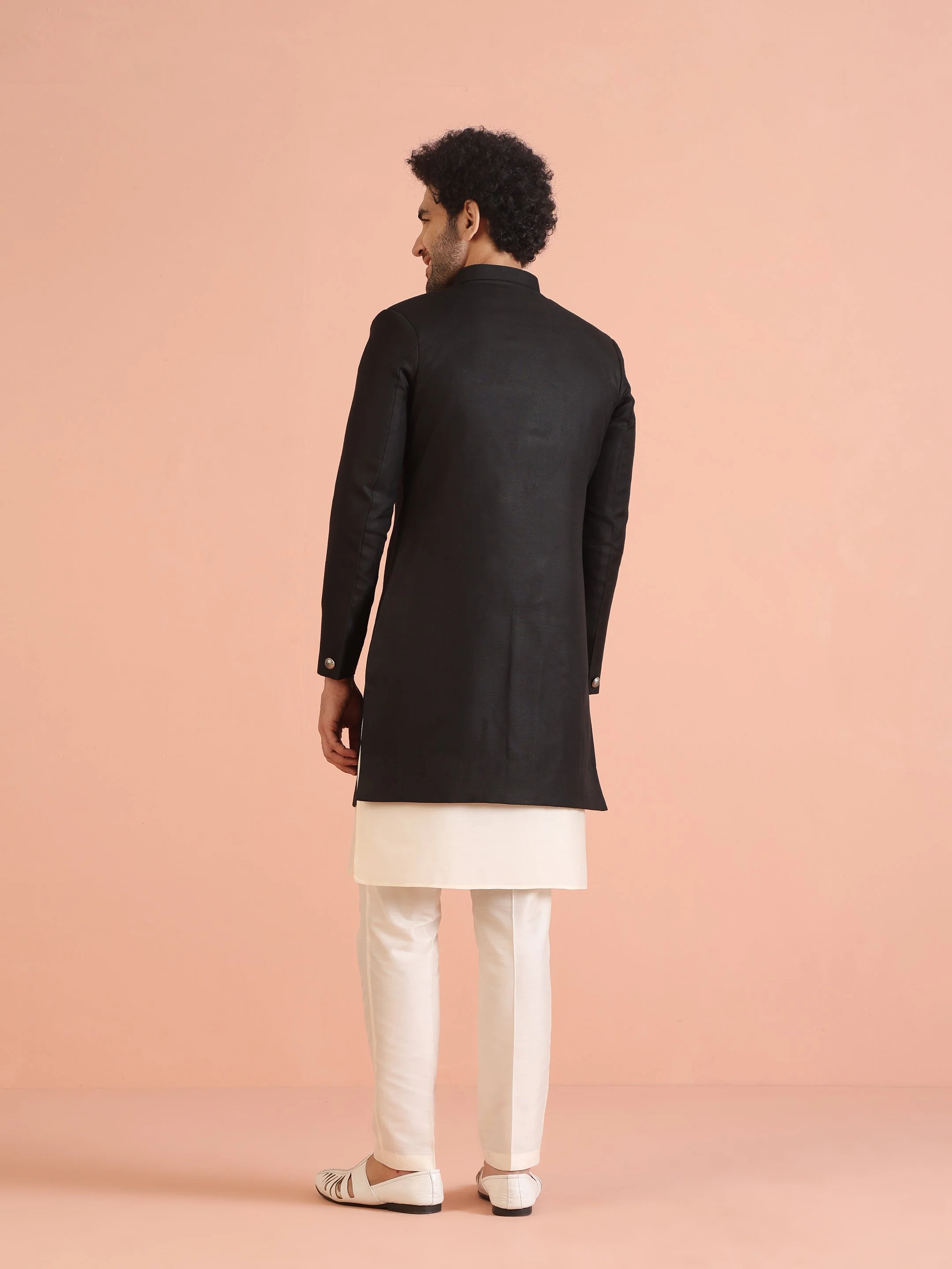 Men Black Solid Kurta Indowestern Trouser Set - Image 9
