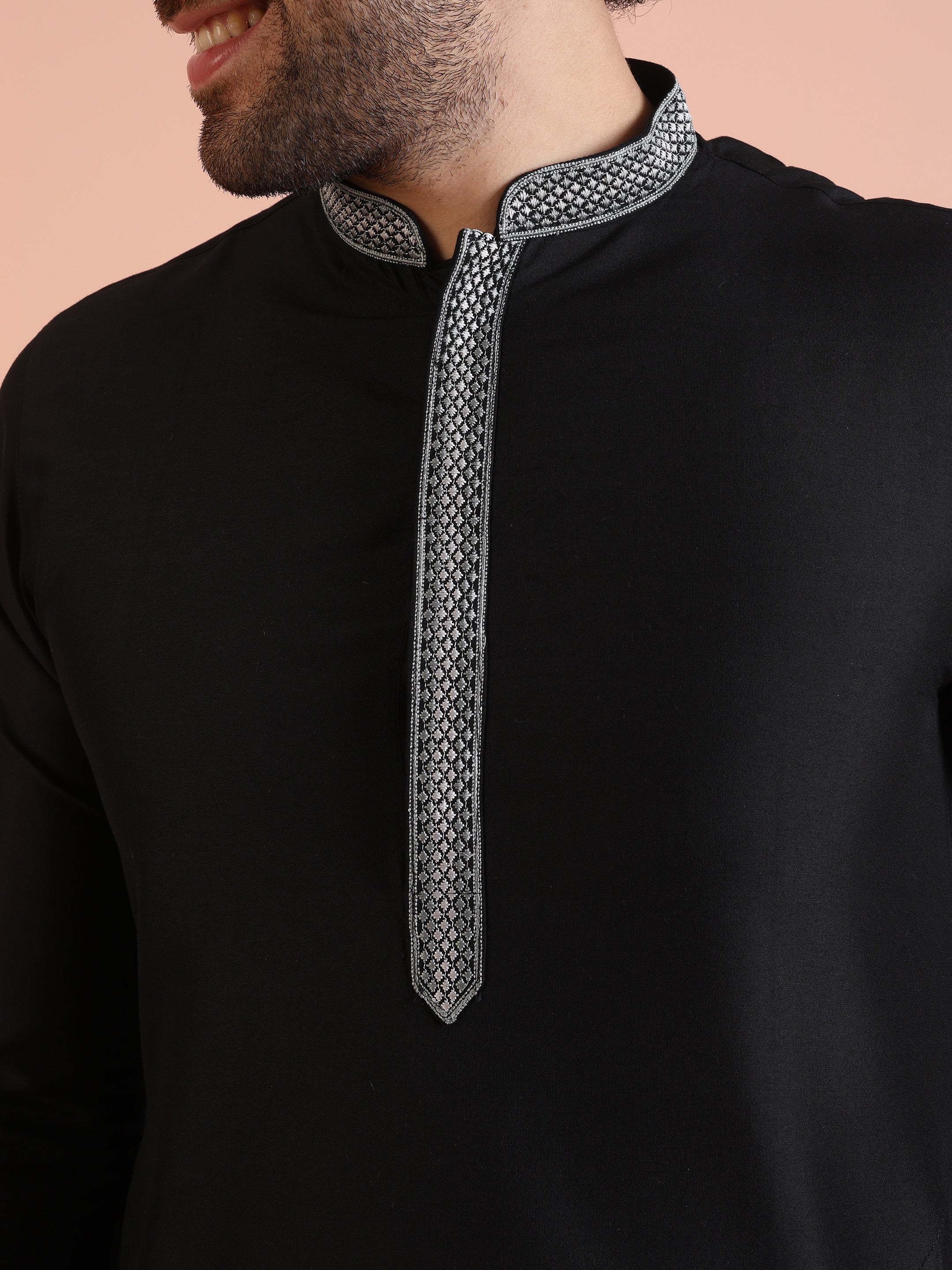 Black Silk Blend Kurta Set with Embroidered Collar Detailing and Matching Trousers - Image 5