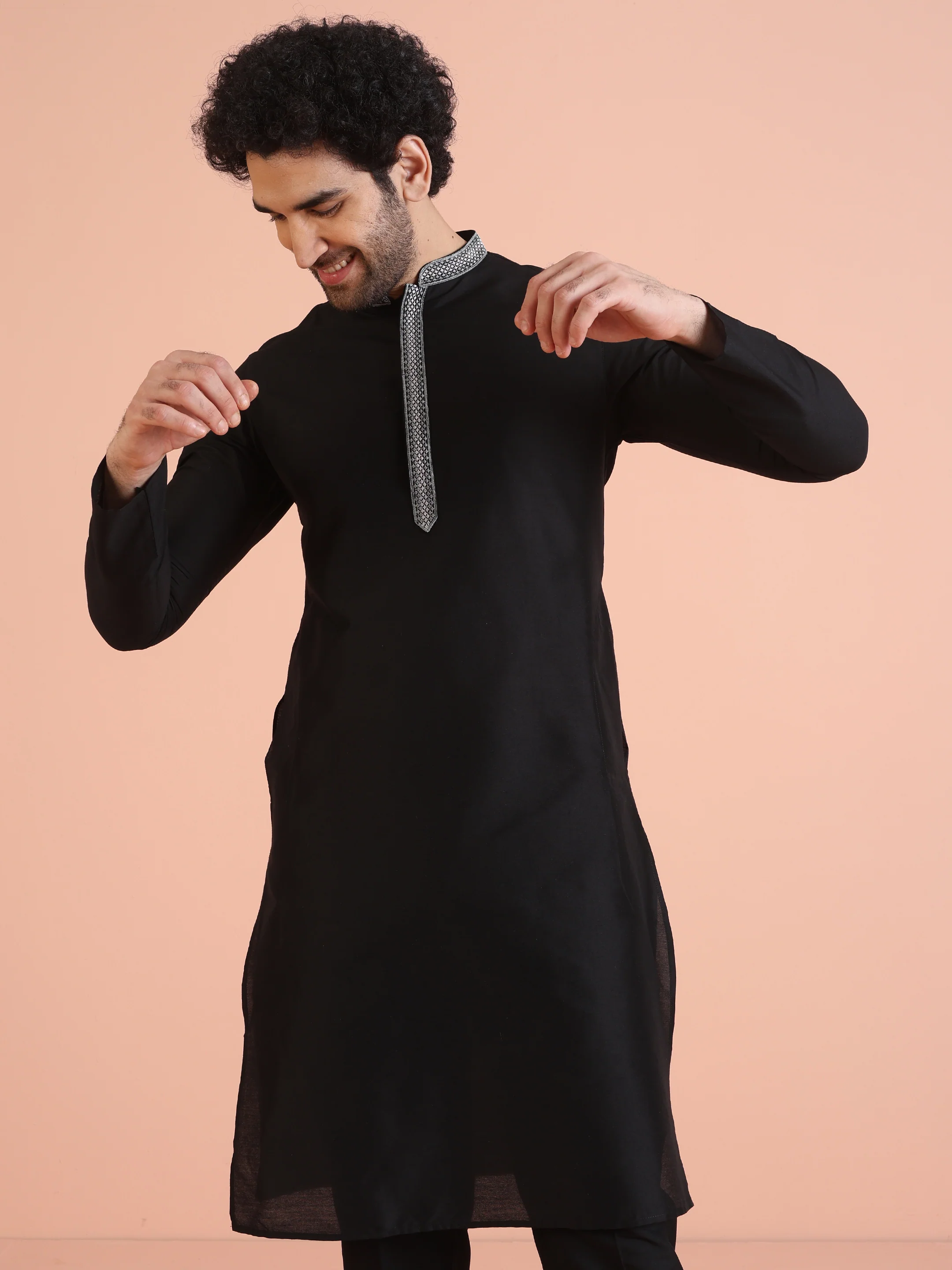 Black Silk Blend Kurta Set with Embroidered Collar Detailing and Matching Trousers - Image 7