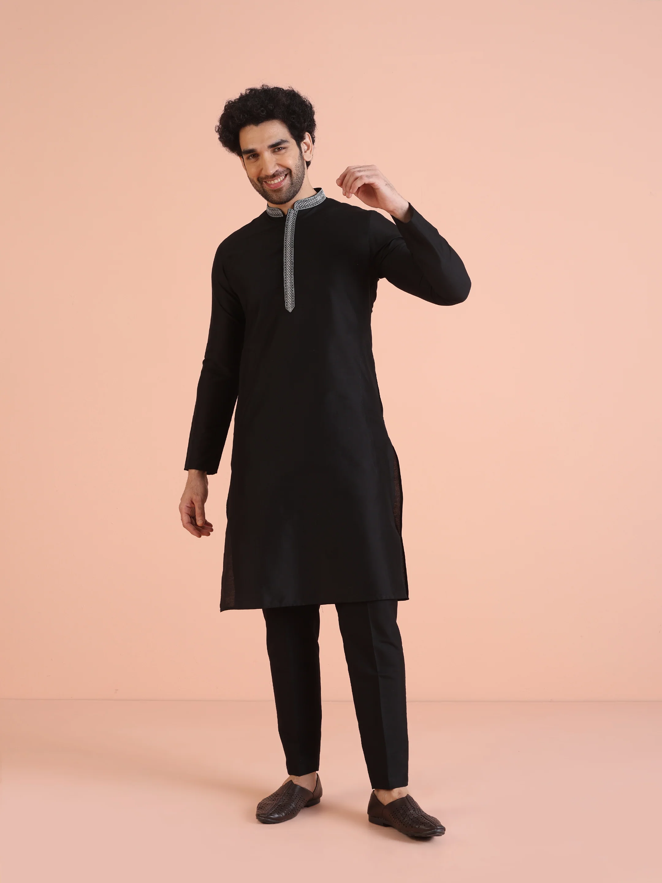 Black Silk Blend Kurta Set with Embroidered Collar Detailing and Matching Trousers - Image 8