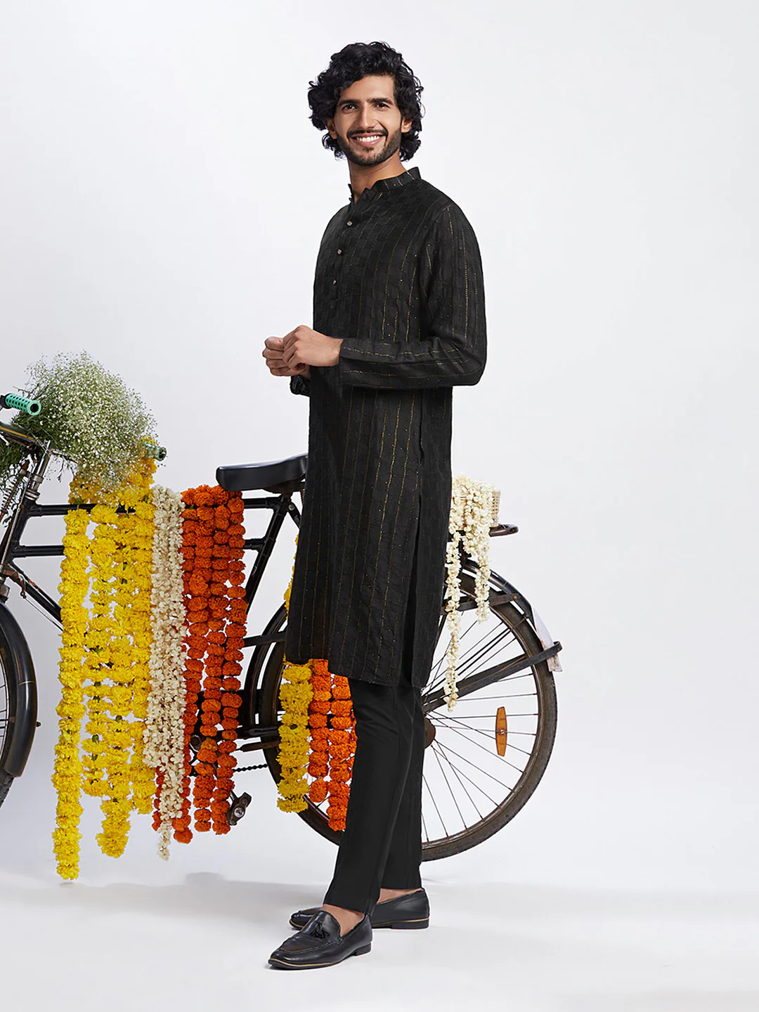 Black Cotton Silk Striped Kurta with Trousers - Image 3