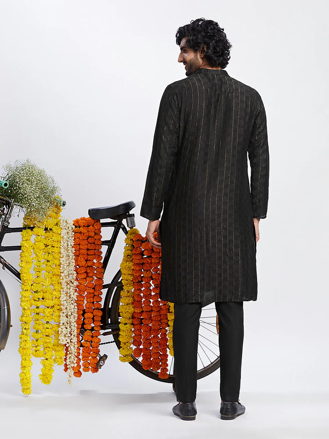 Black Cotton Silk Striped Kurta with Trousers - Image 4
