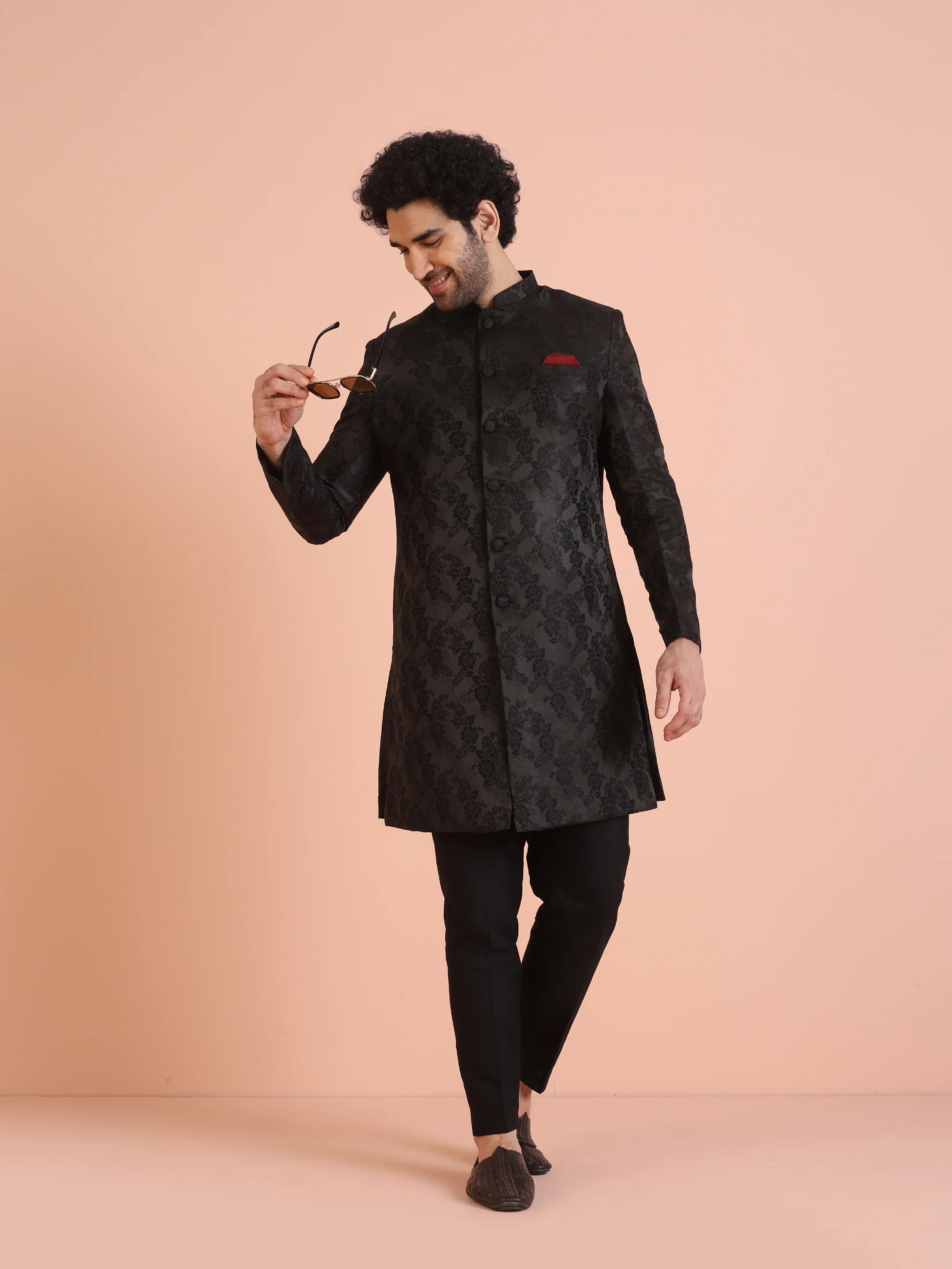 Men Black Embossed Indowestern Trouser Set