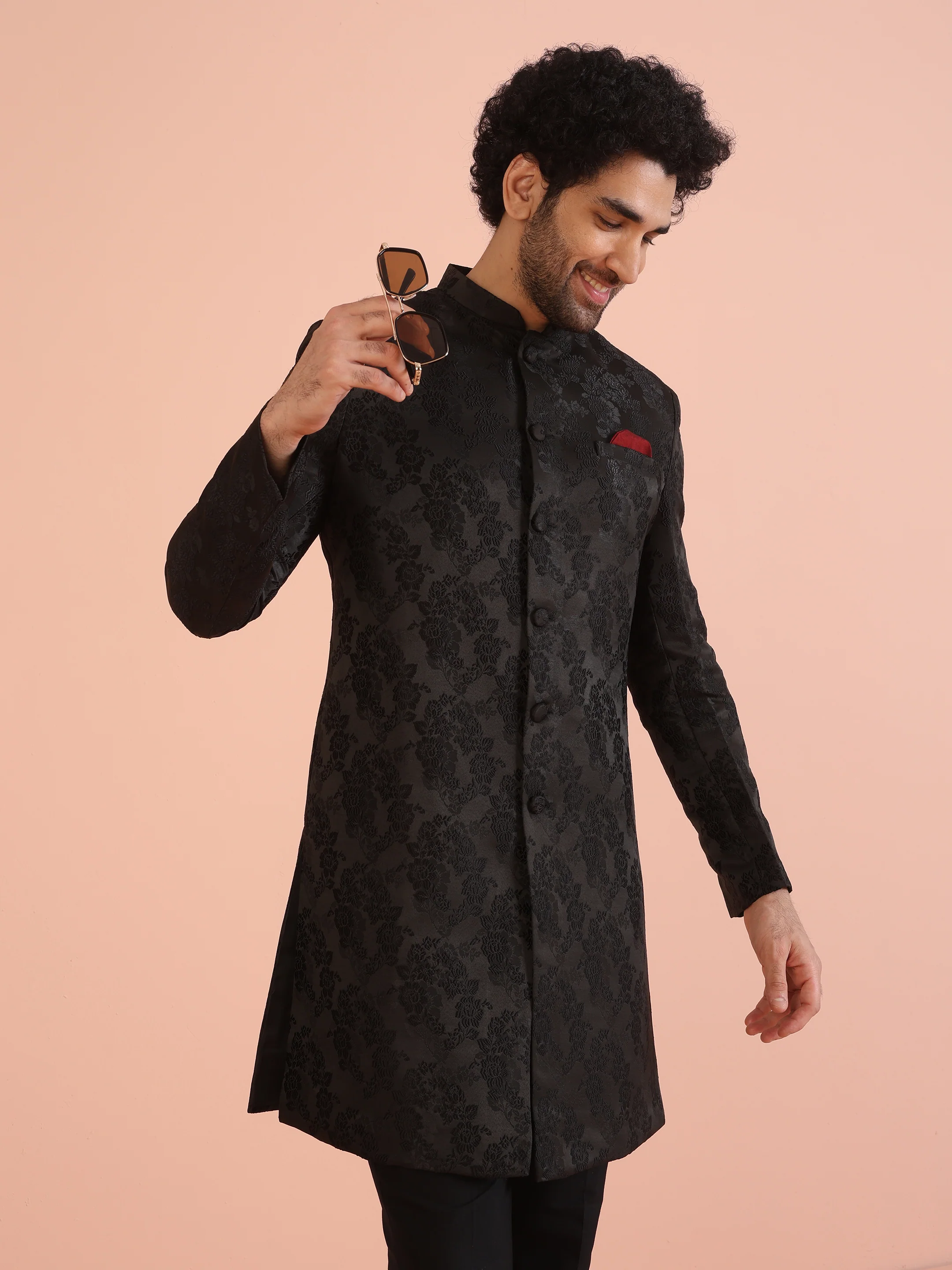 Men Black Embossed Indowestern Trouser Set - Image 7