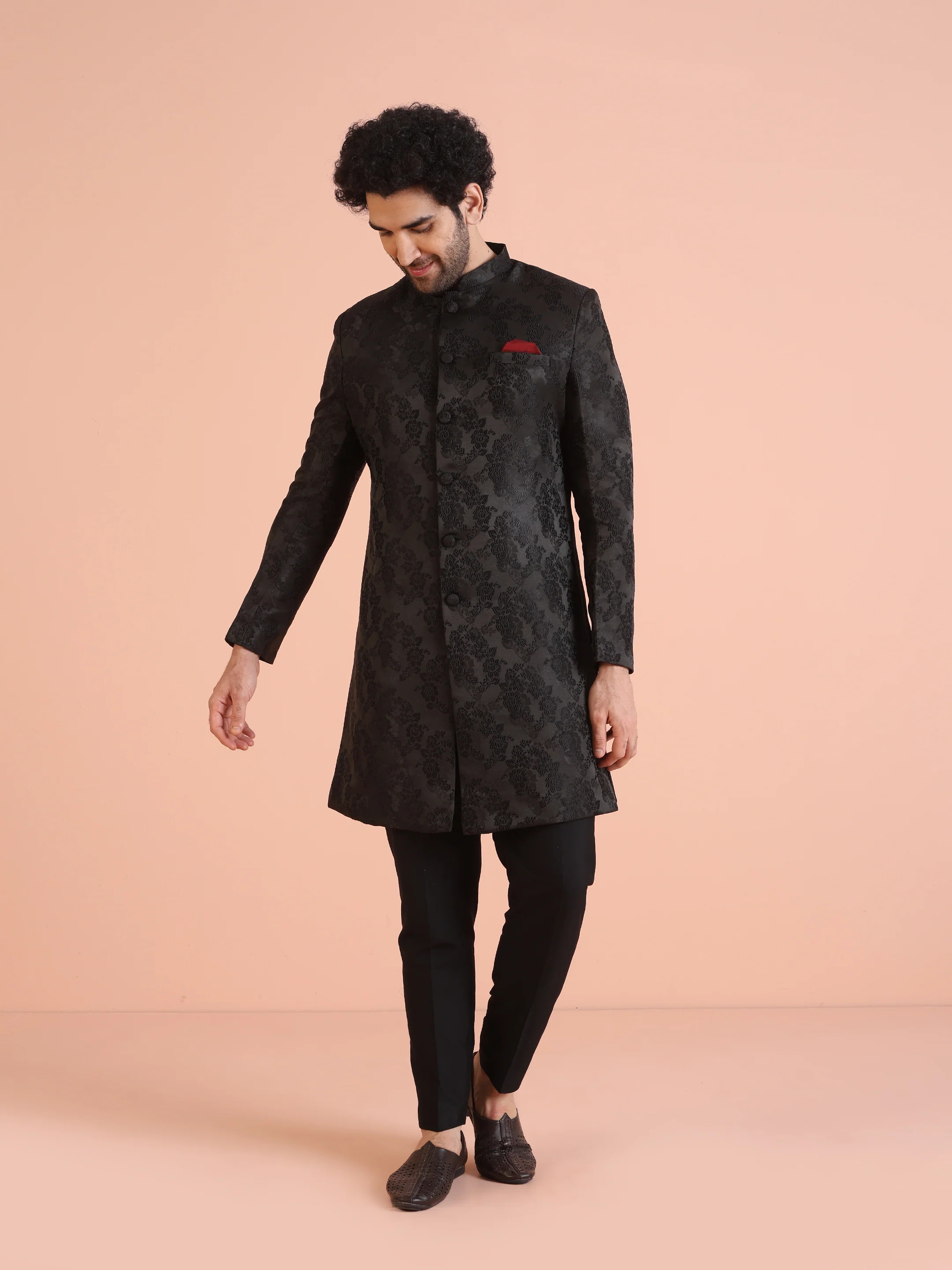 Men Black Embossed Indowestern Trouser Set - Image 8